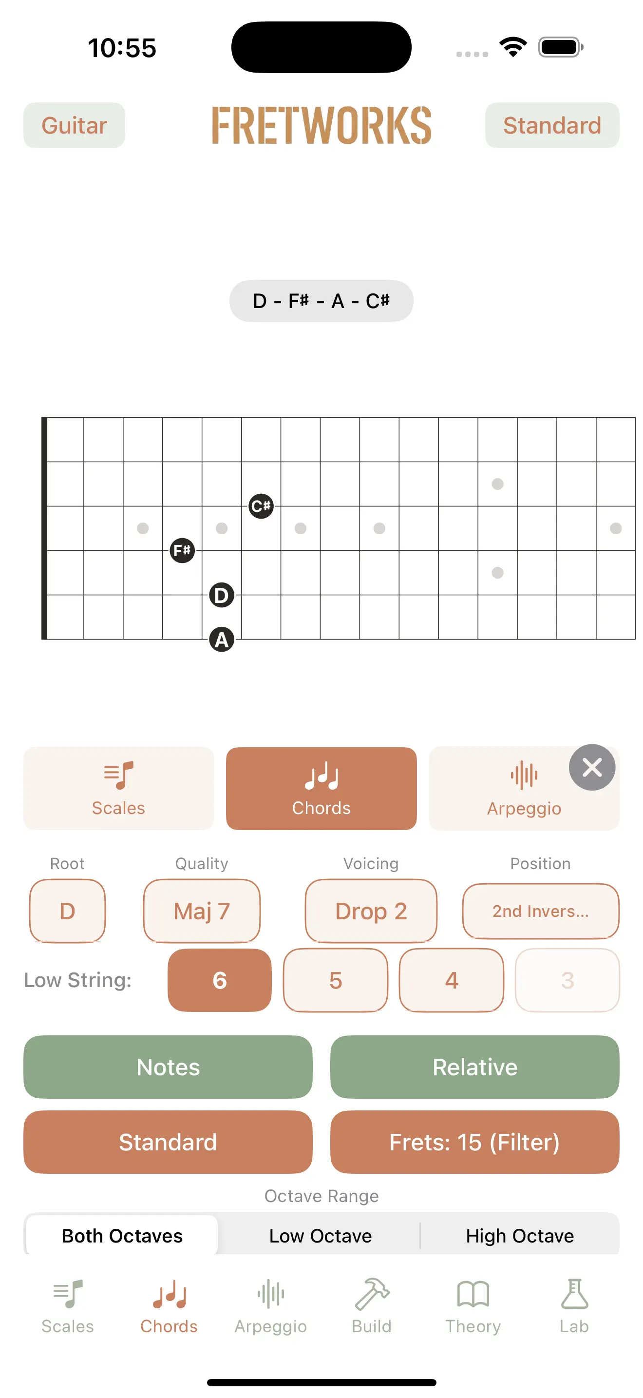 Fretboard Origin chord view on iPhone showing a D Major 7 Drop 2 voicing