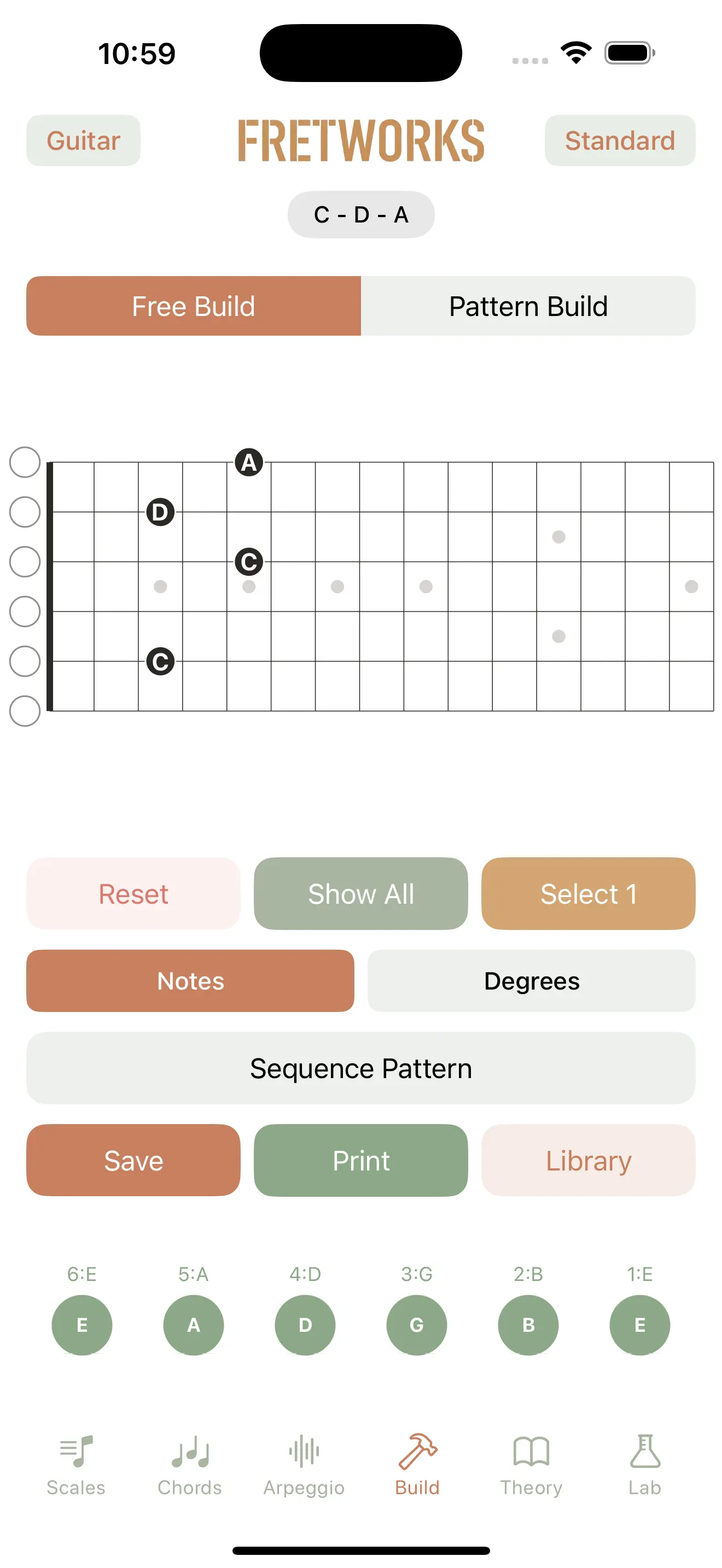 Fretboard Origin Build view on iPhone for tapping out custom voicings