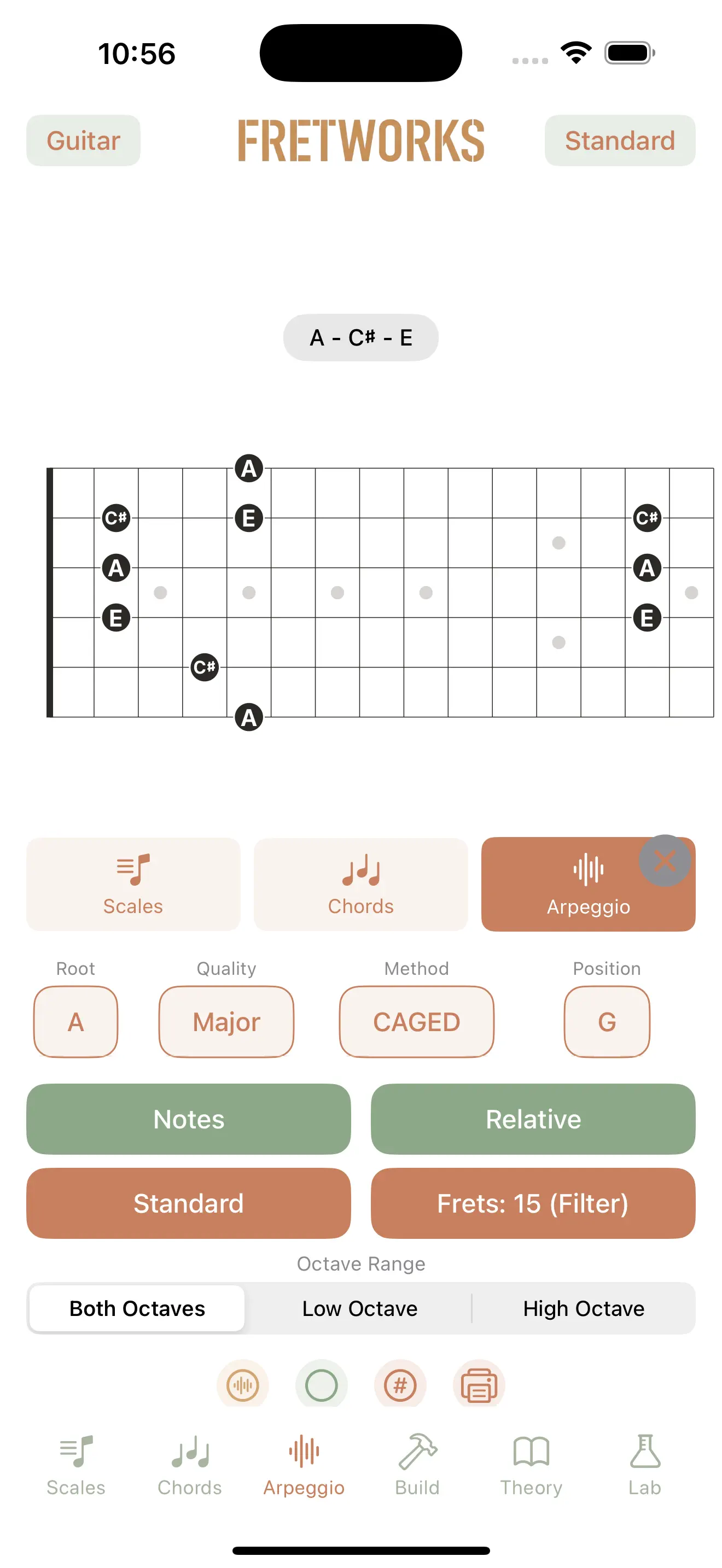 Fretboard Origin arpeggio view on iPhone showing A Major CAGED across the neck