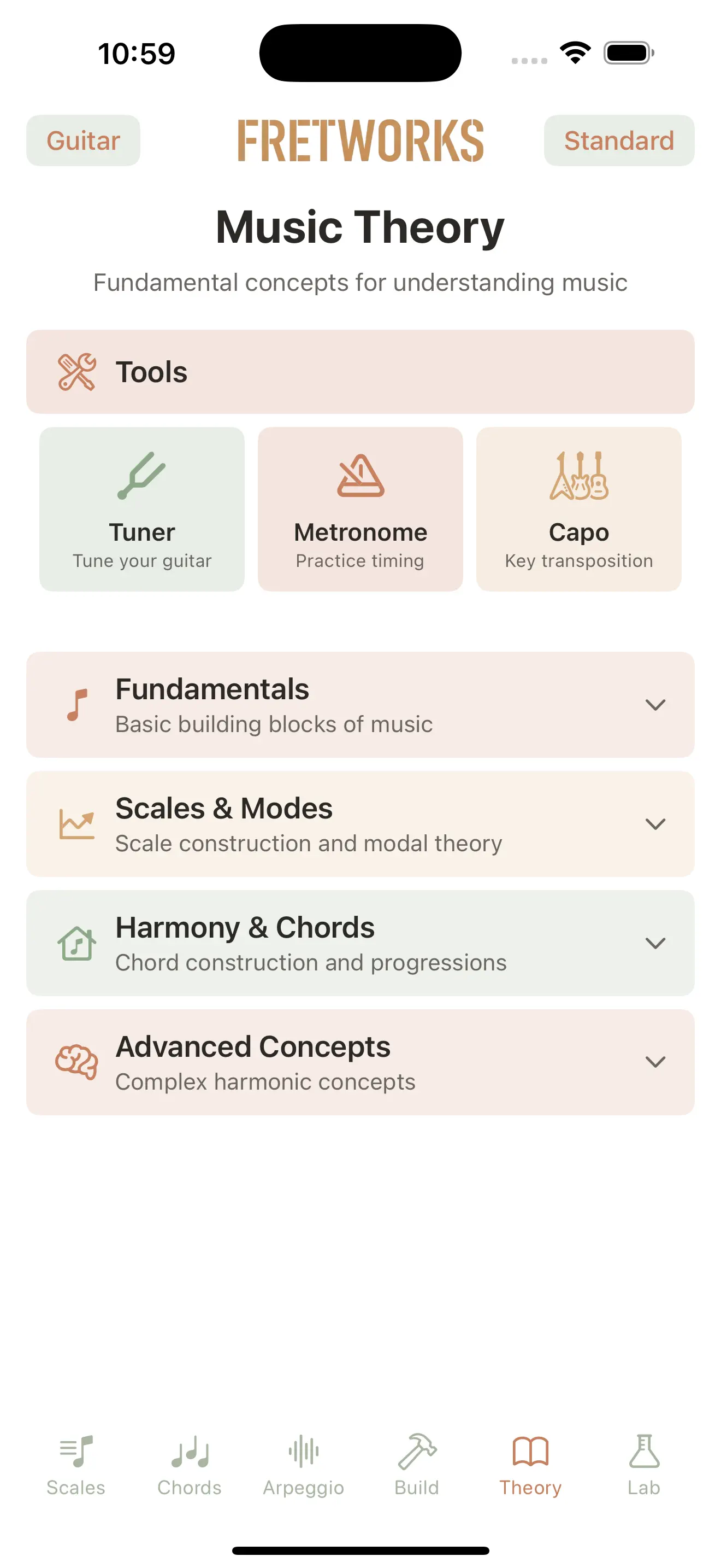 Fretboard Origin Music Theory tab on iPhone with the Tools menu open