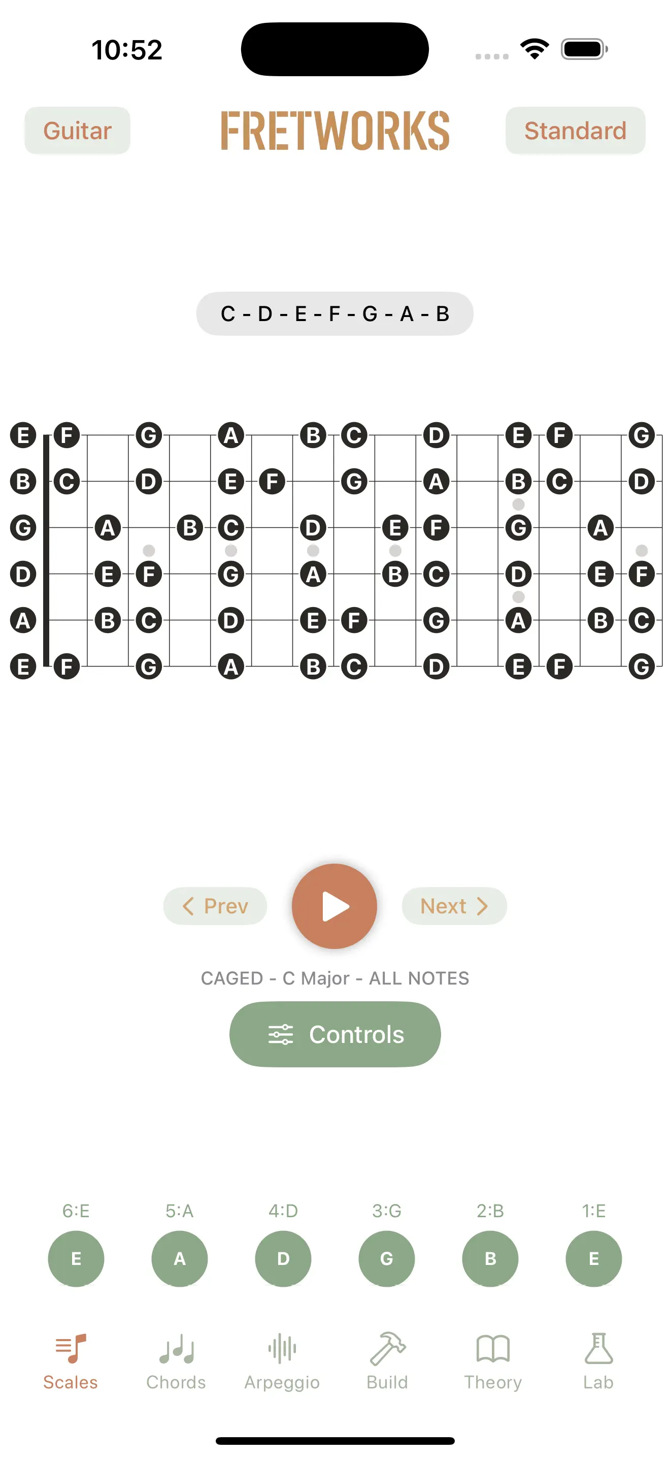 Fretboard Origin scale view on iPhone showing CAGED C Major mapped across the fretboard