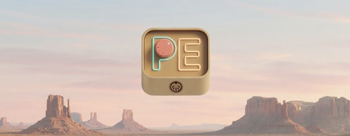 The PedalEditor app icon floating above a desert at dusk