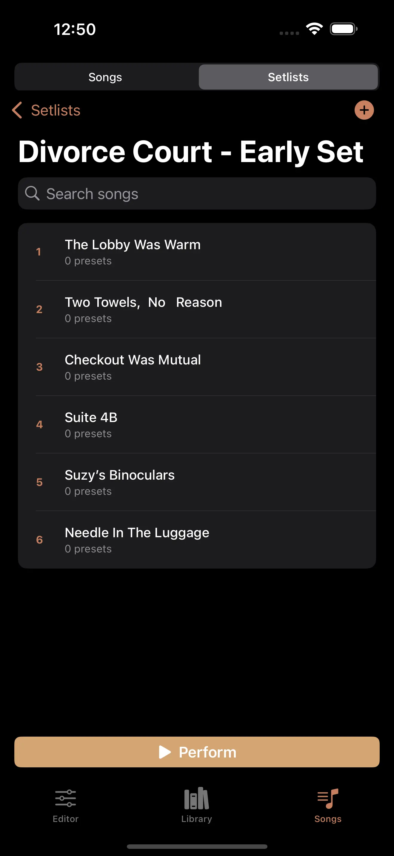 A PedalEditor setlist on iPhone with the Perform button visible