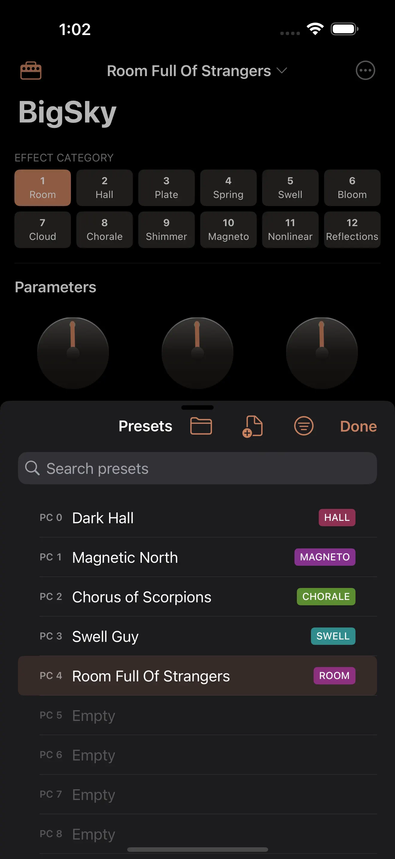 PedalEditor BigSky preset editor on iPhone showing effect category controls and the preset library sheet