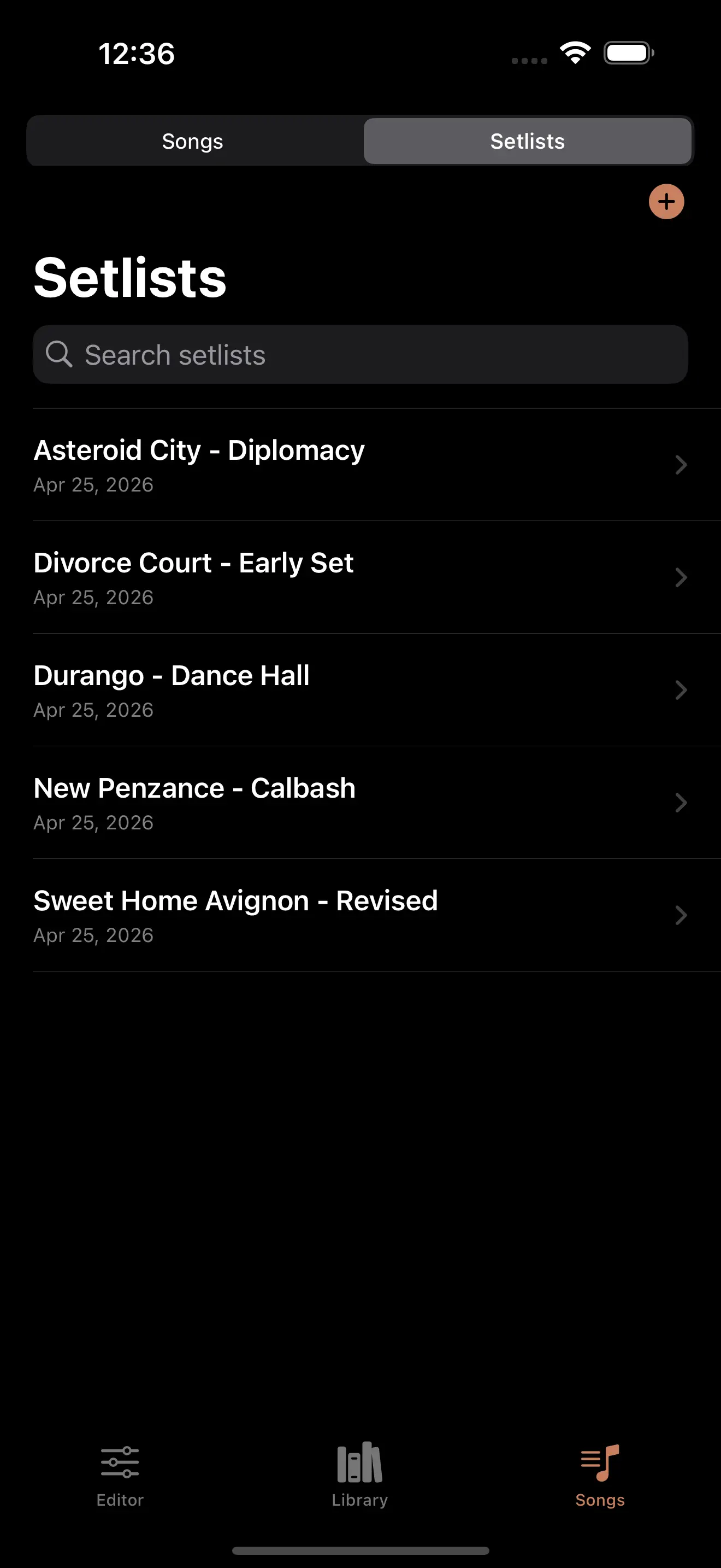 PedalEditor Setlists list on iPhone