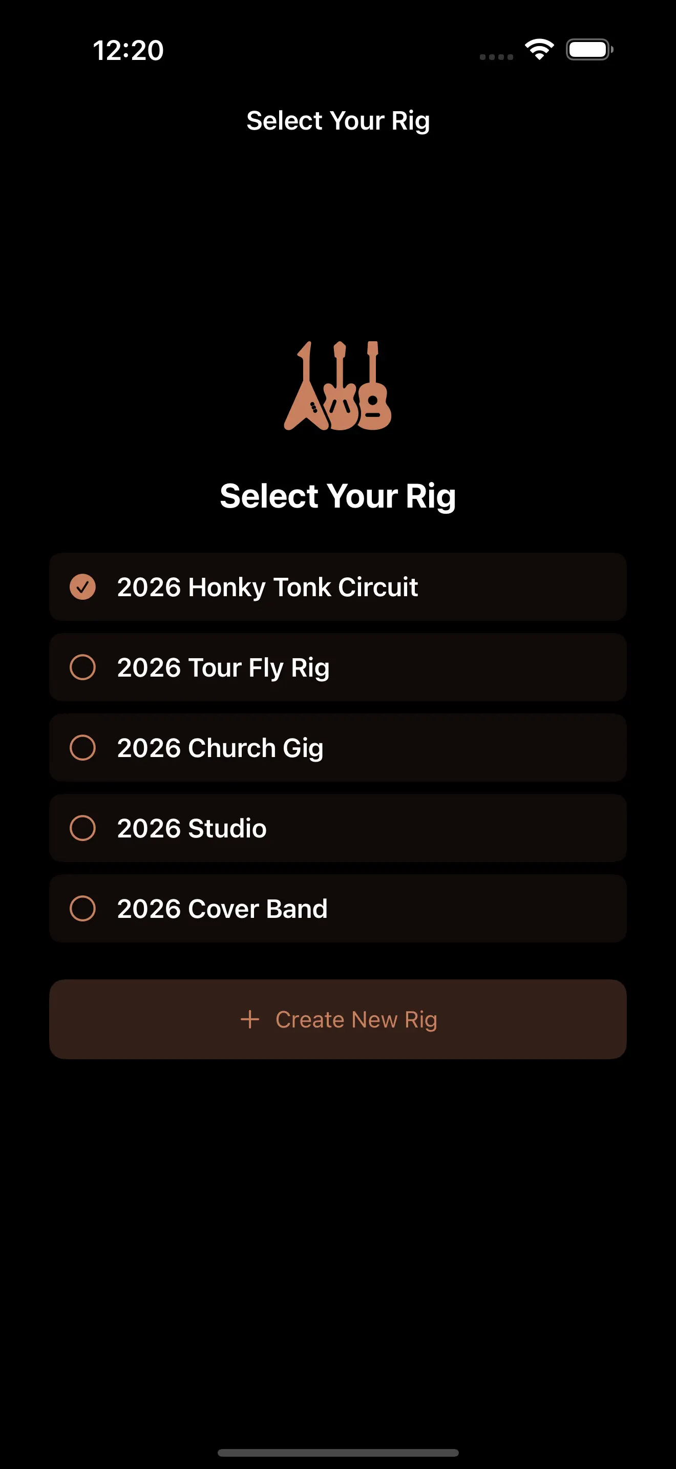 PedalEditor Select Your Rig screen on iPhone