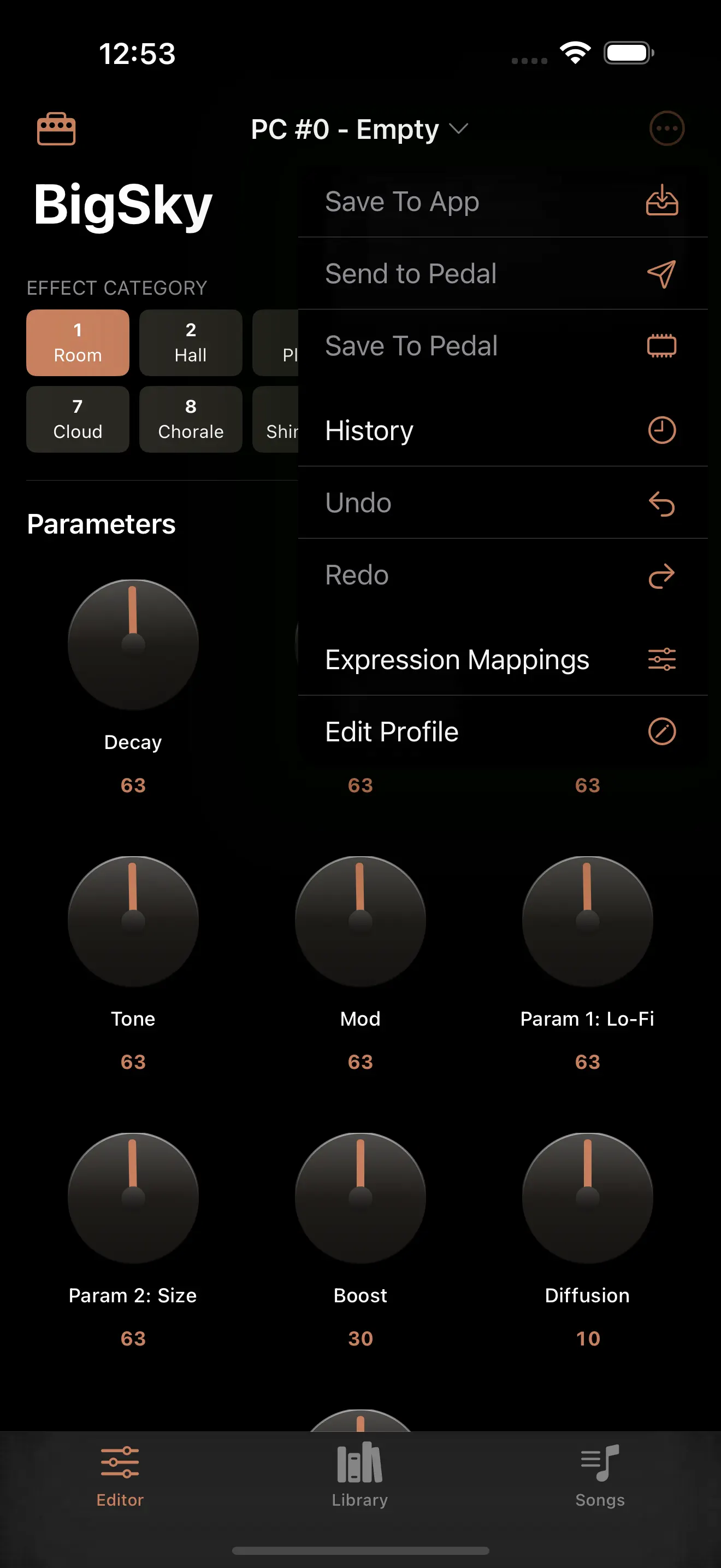 PedalEditor BigSky editor on iPhone with the preset action menu open
