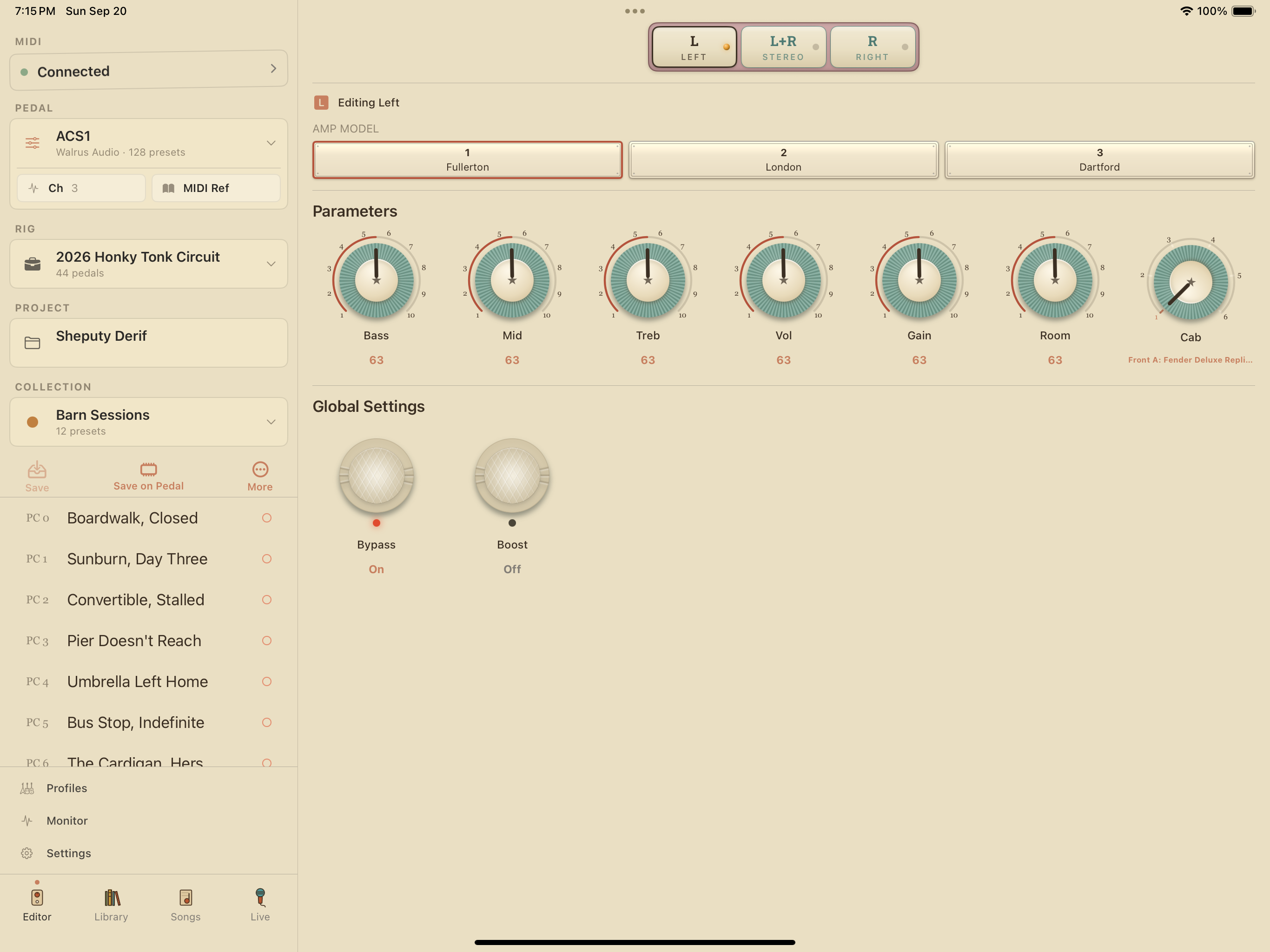 Walrus Audio ACS1 on iPad in PedalEditor