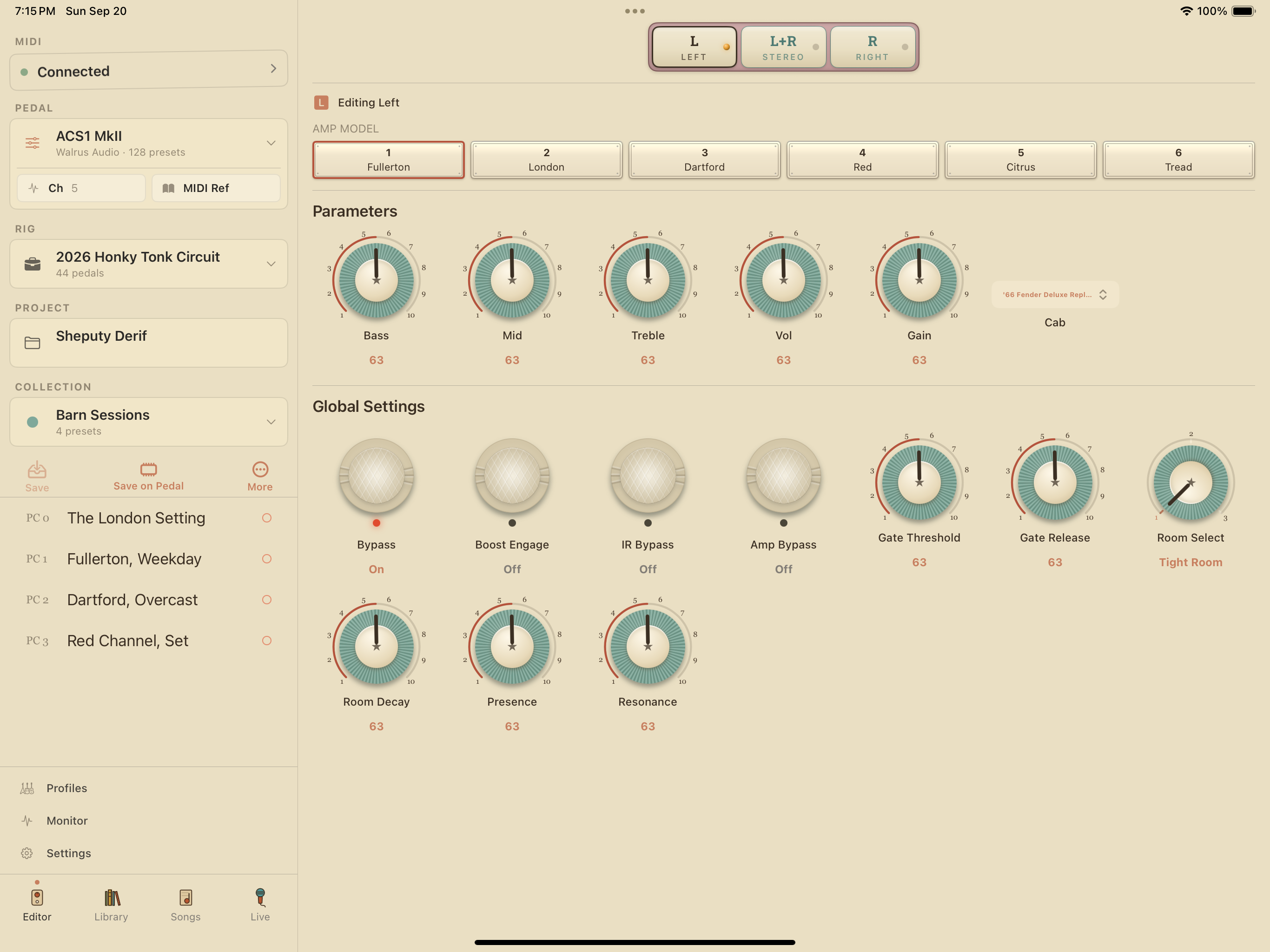 Walrus Audio ACS1 MkII on iPad in PedalEditor