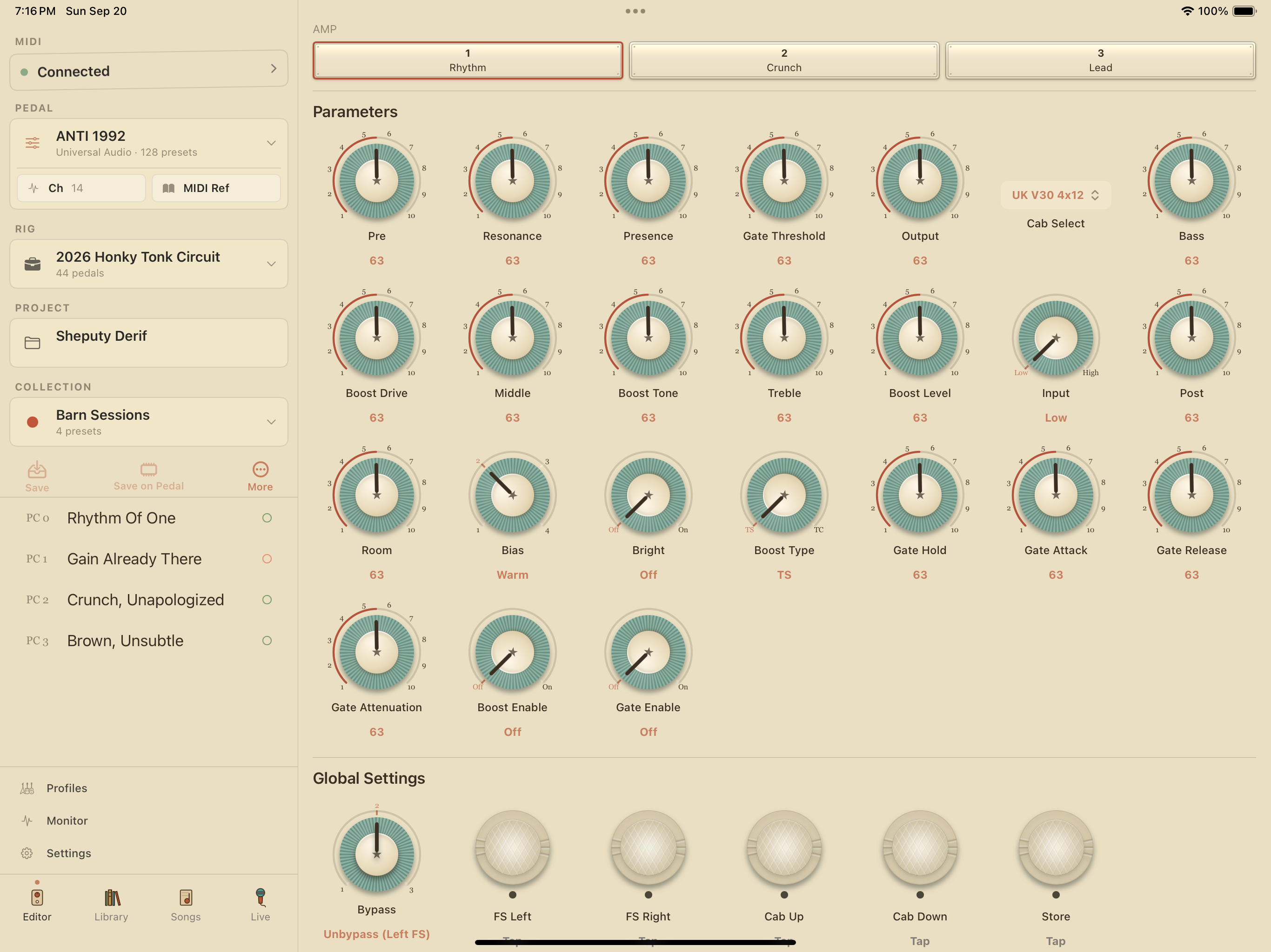 UAFX ANTI 1992 on iPad in PedalEditor