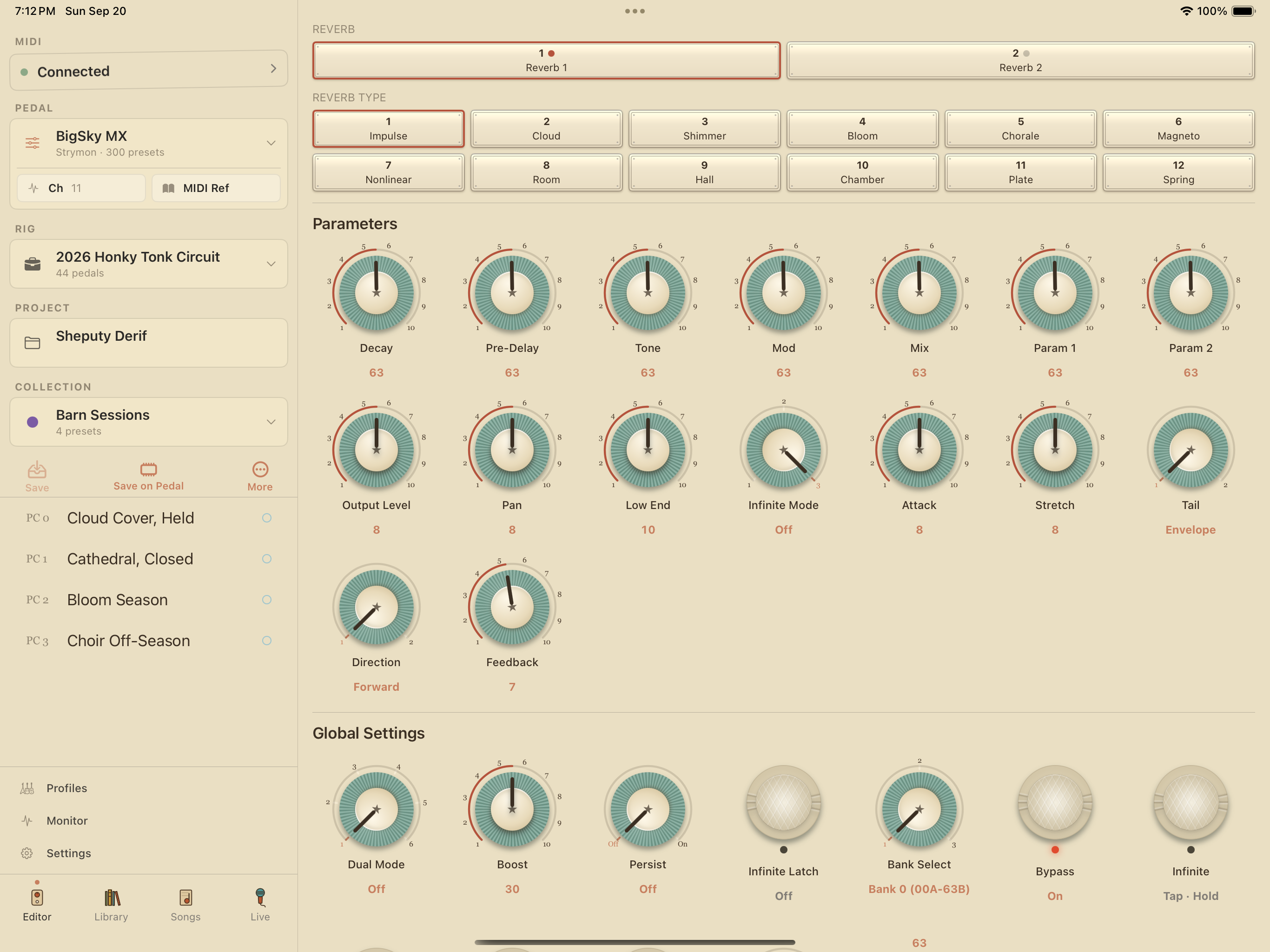 Strymon BigSky MX on iPad in PedalEditor