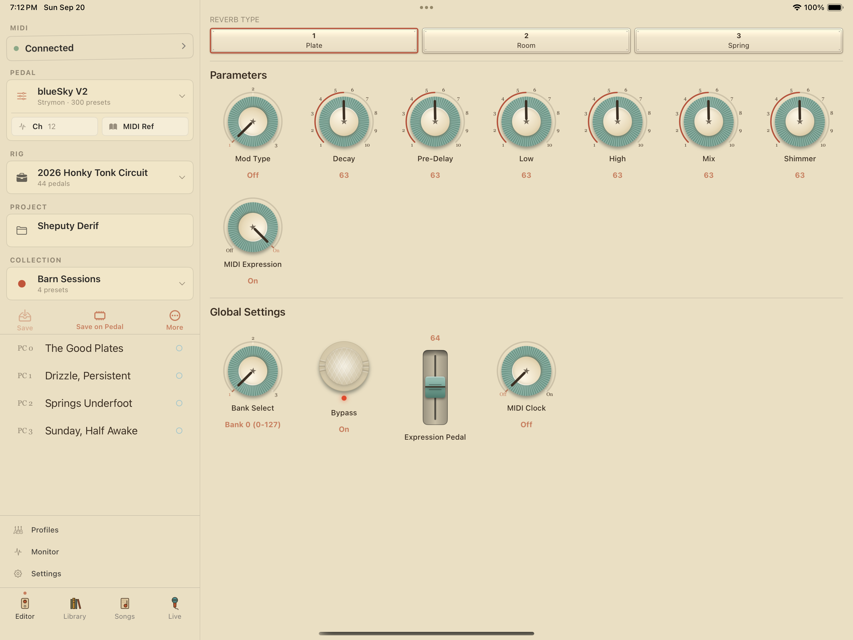 Strymon blueSky V2 on iPad in PedalEditor