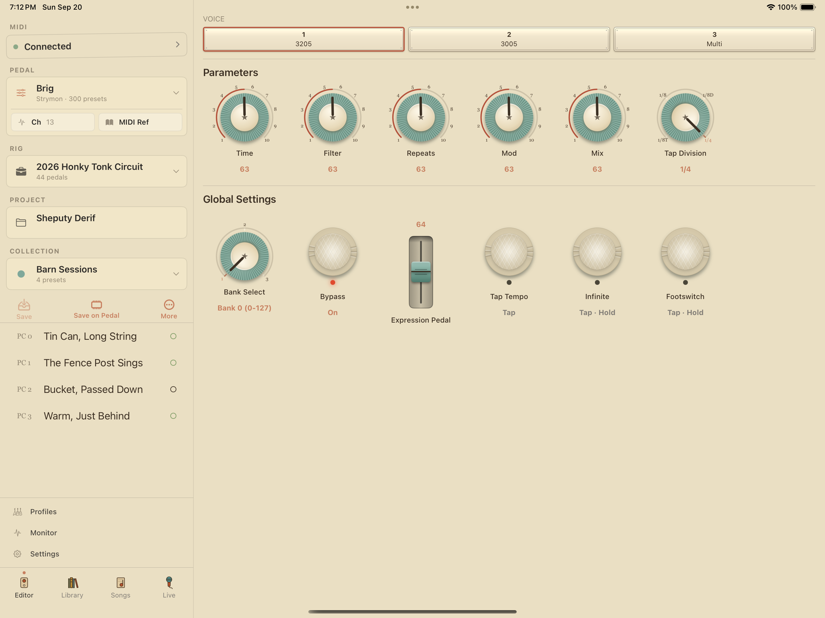 Strymon Brig on iPad in PedalEditor