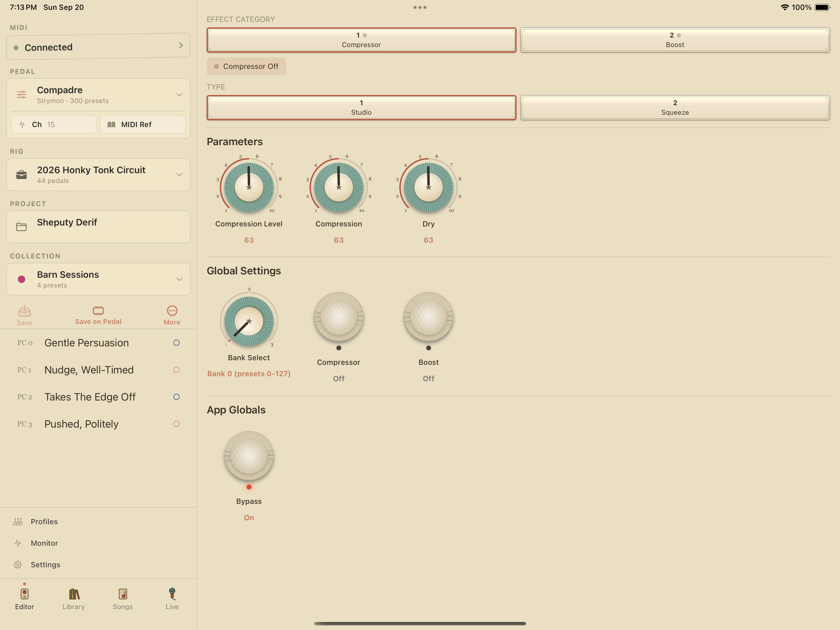 Strymon Compadre on iPad in PedalEditor