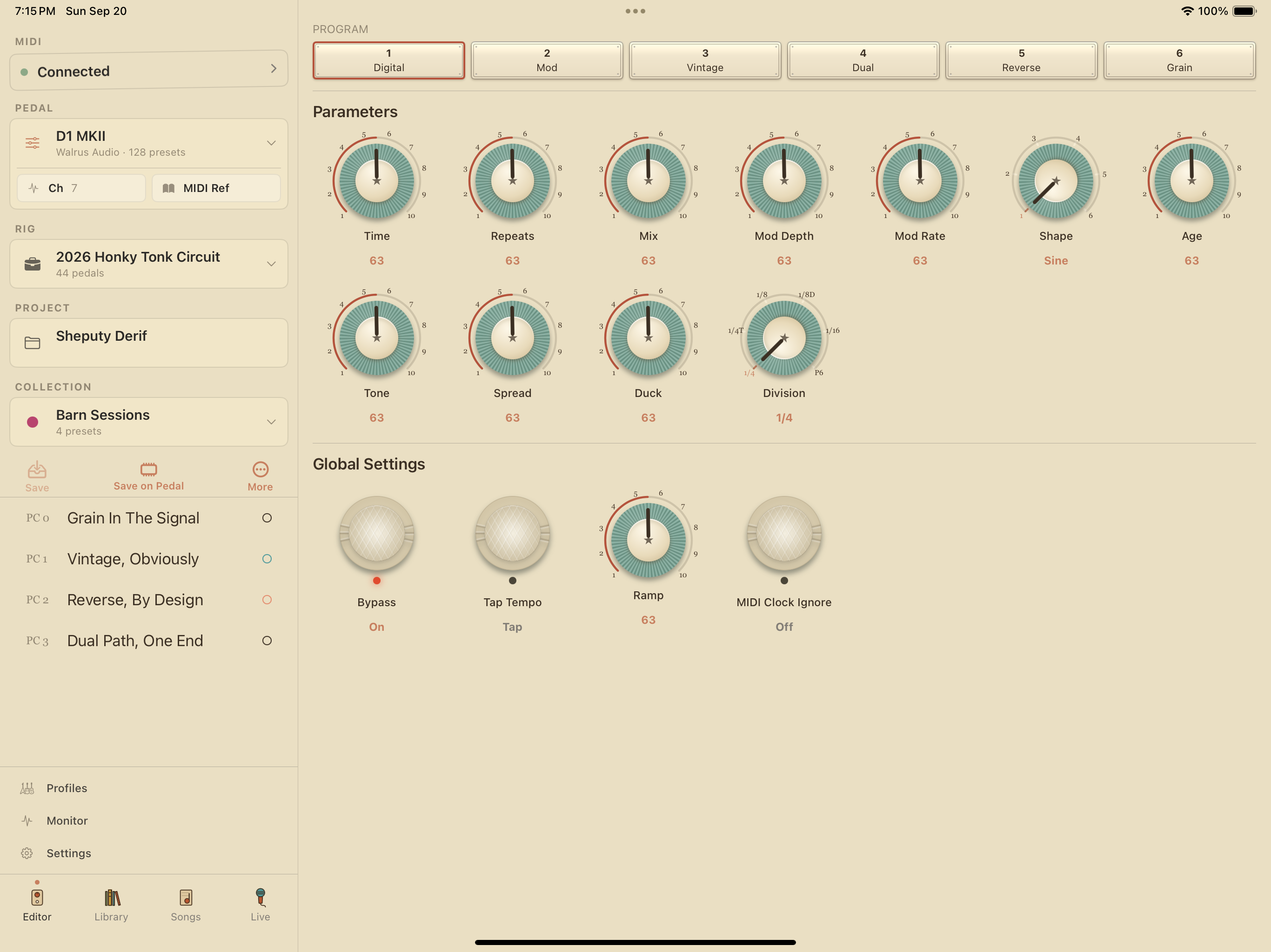 Walrus Audio D1 MkII on iPad in PedalEditor