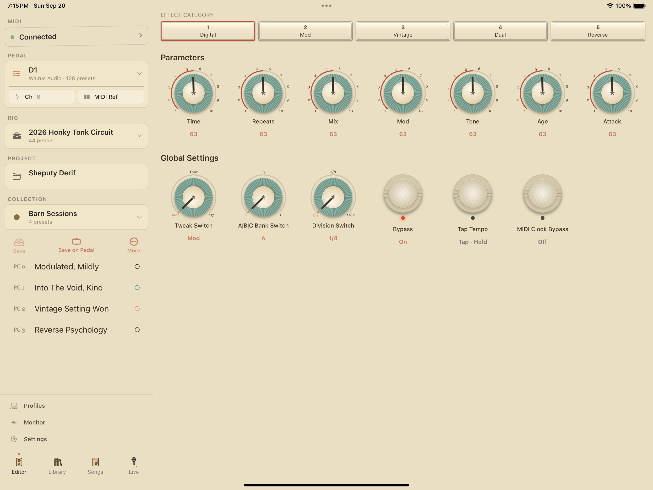 Walrus Audio D1 on iPad in PedalEditor
