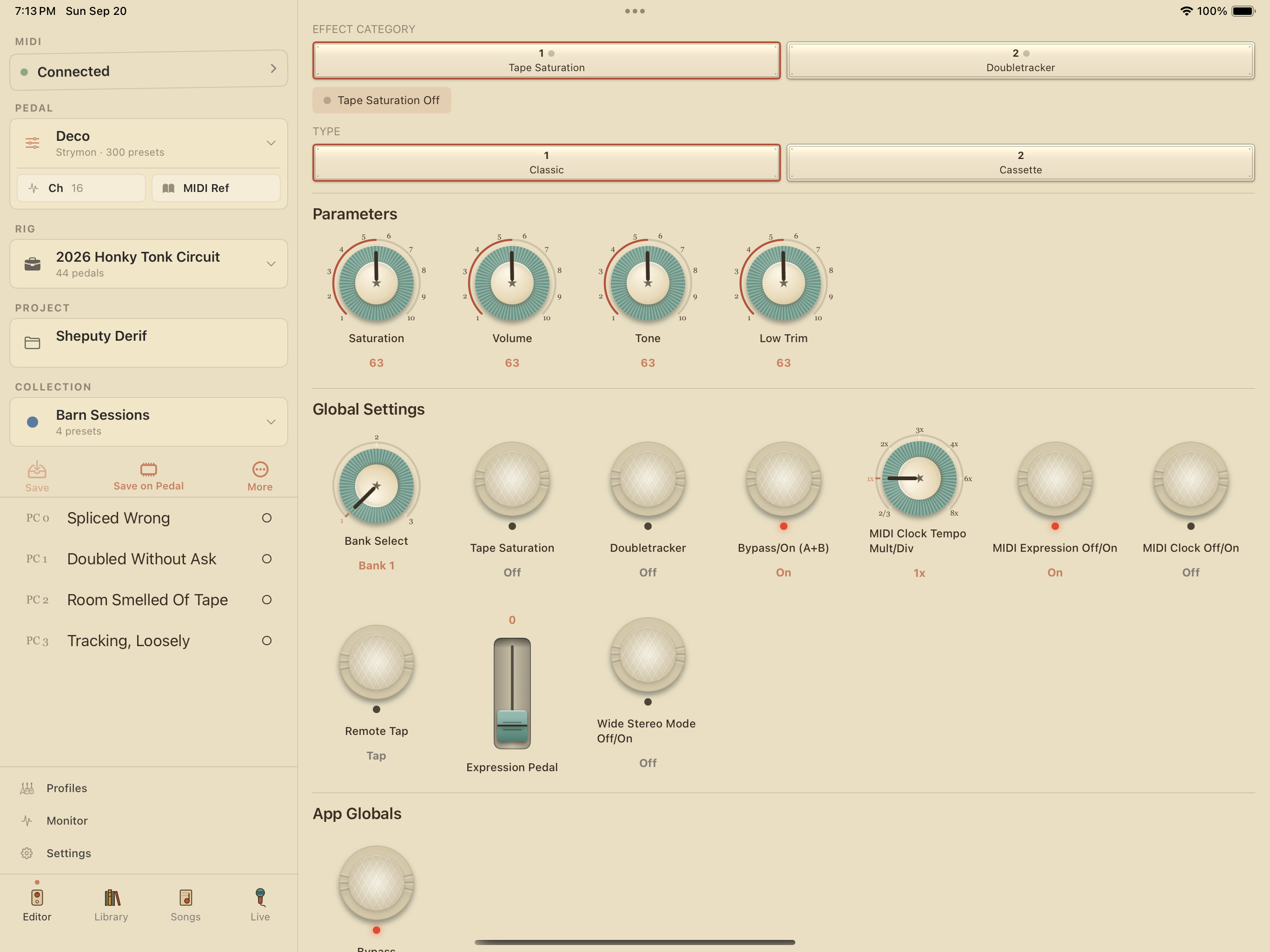 Strymon Deco on iPad in PedalEditor