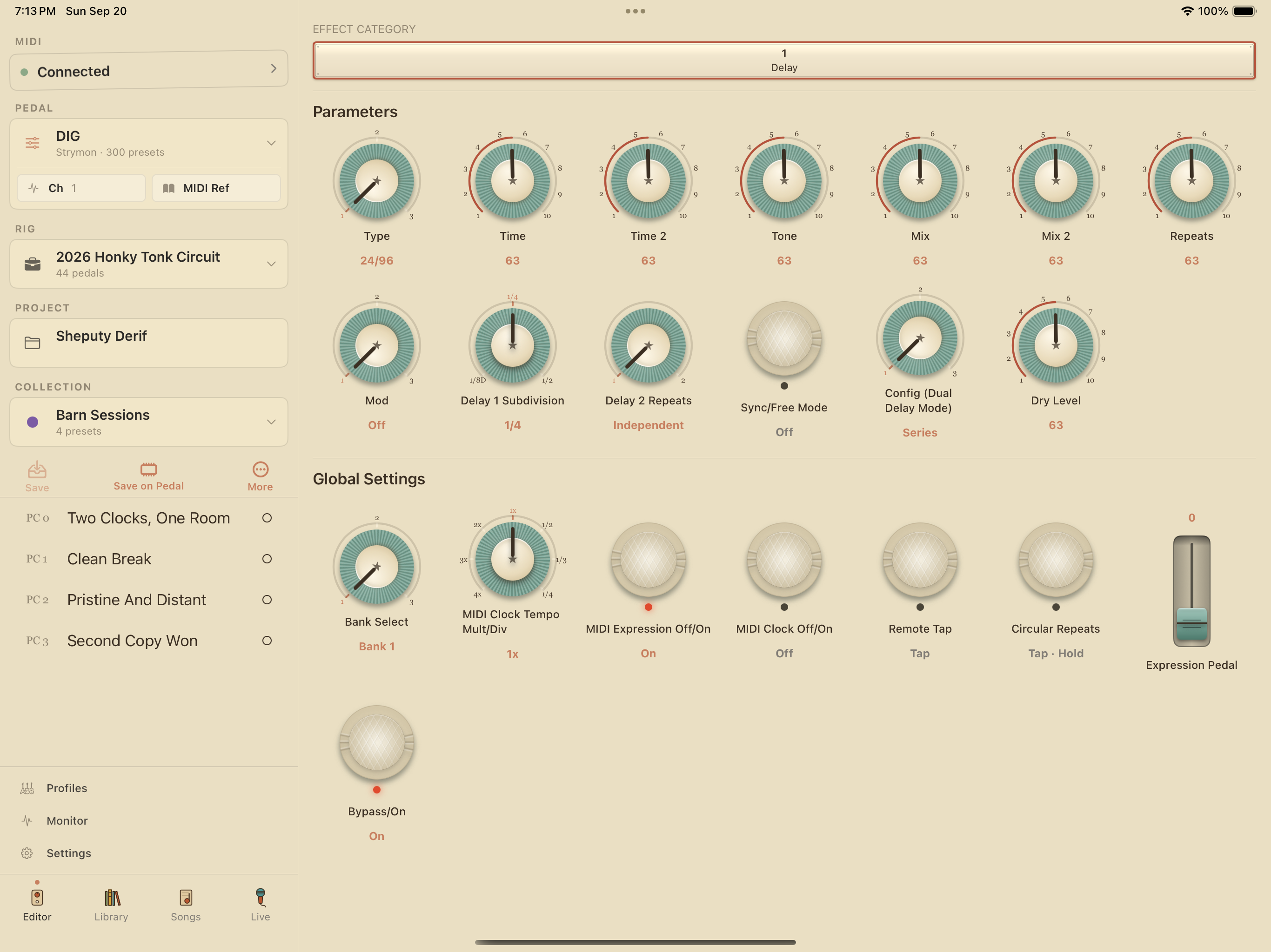 Strymon DIG on iPad in PedalEditor