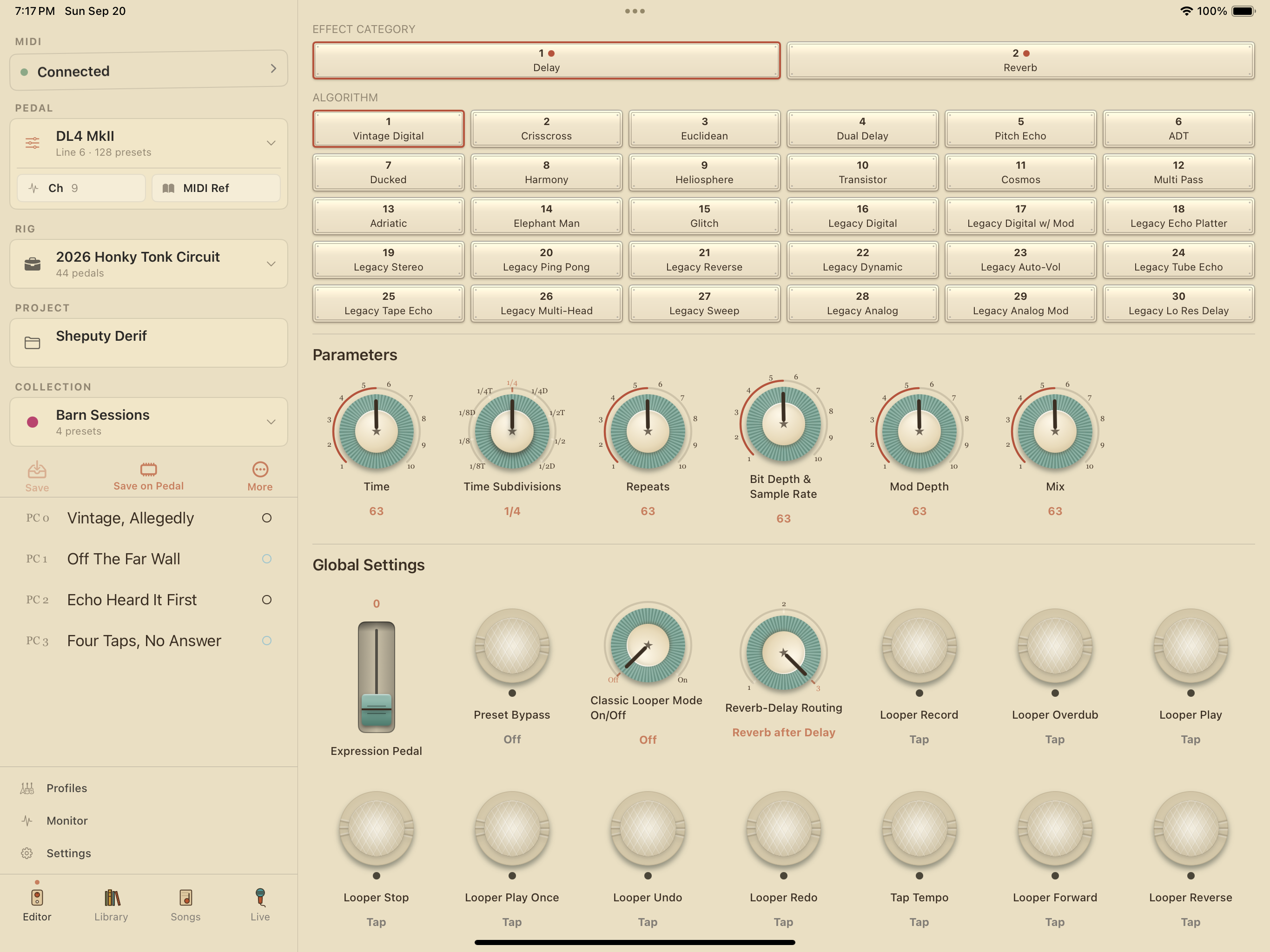 Line 6 DL4 MkII on iPad in PedalEditor