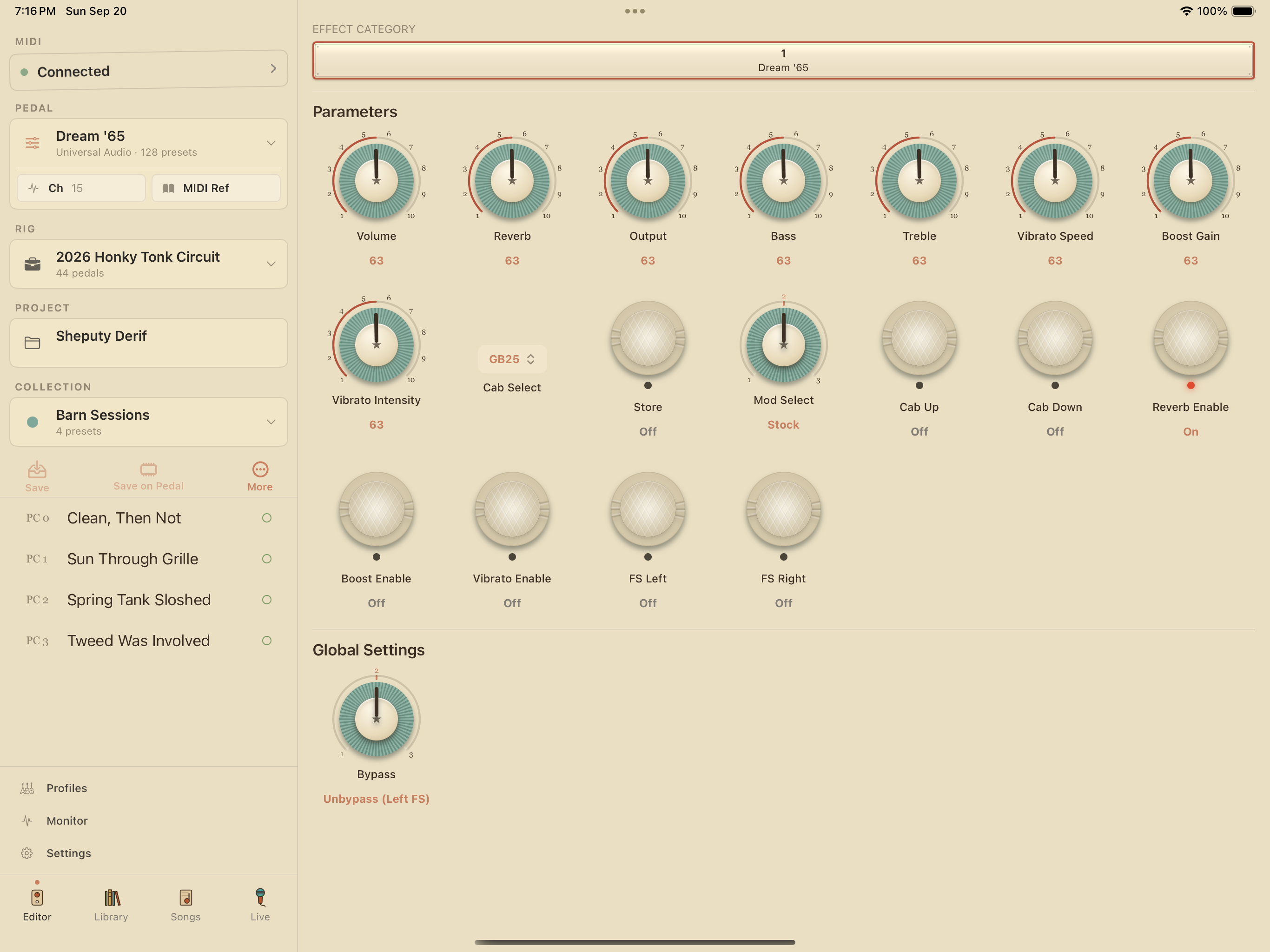 UAFX Dream '65 on iPad in PedalEditor