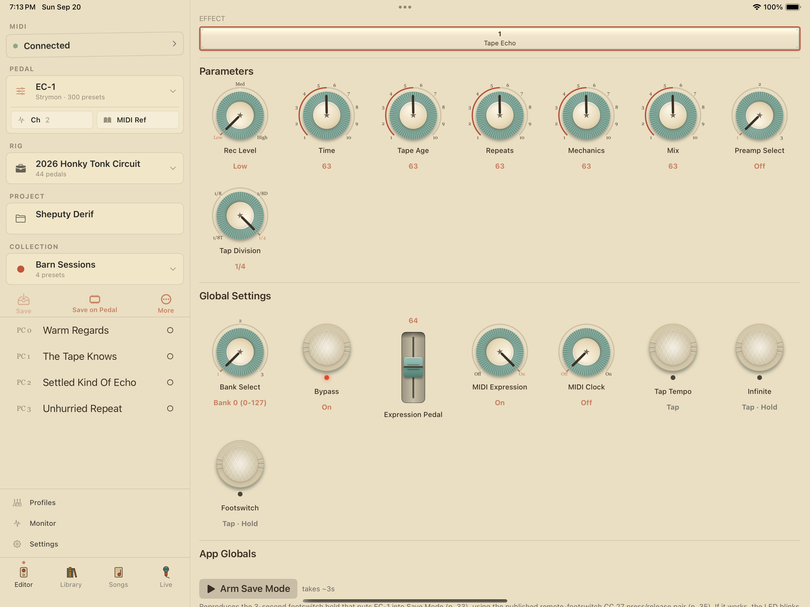 Strymon EC-1 on iPad in PedalEditor