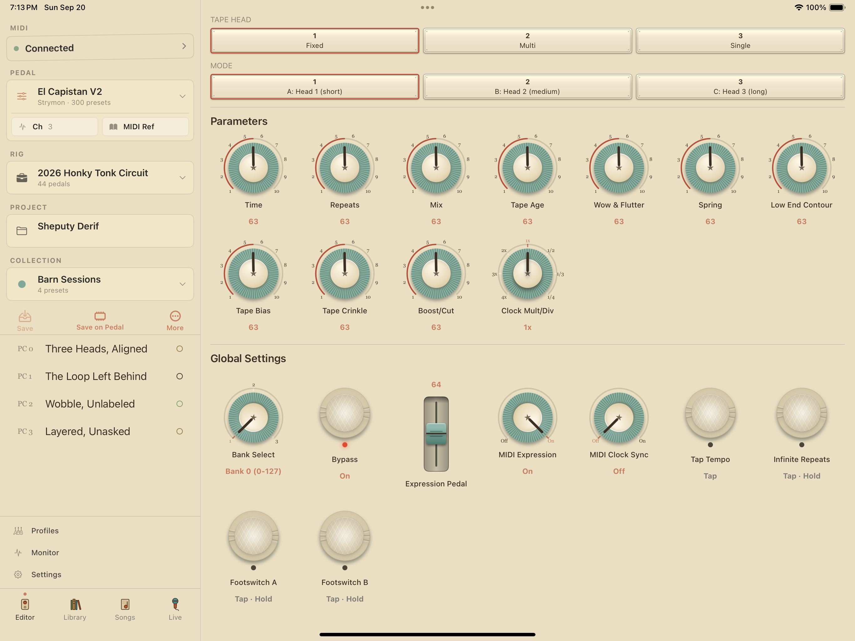 Strymon El Capistan V2 on iPad in PedalEditor