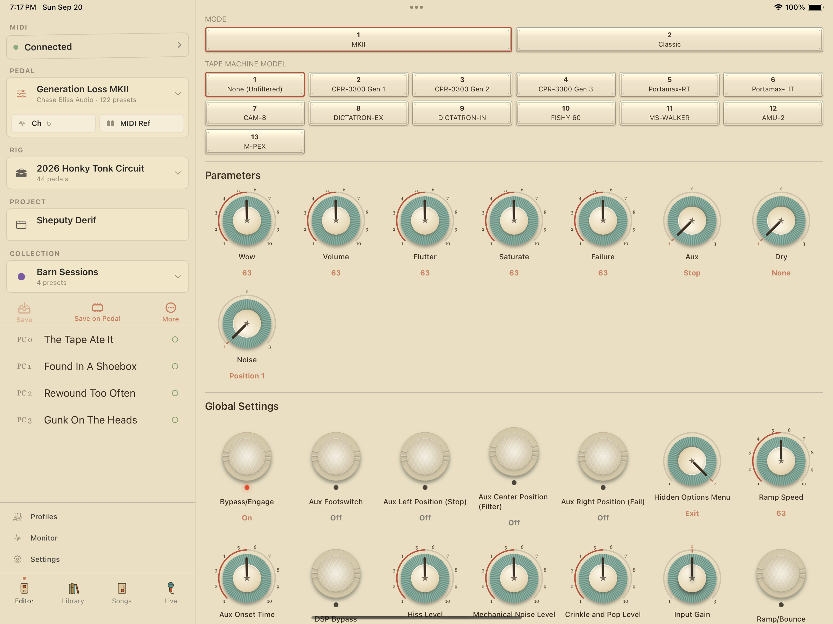 Chase Bliss Generation Loss MKII on iPad in PedalEditor