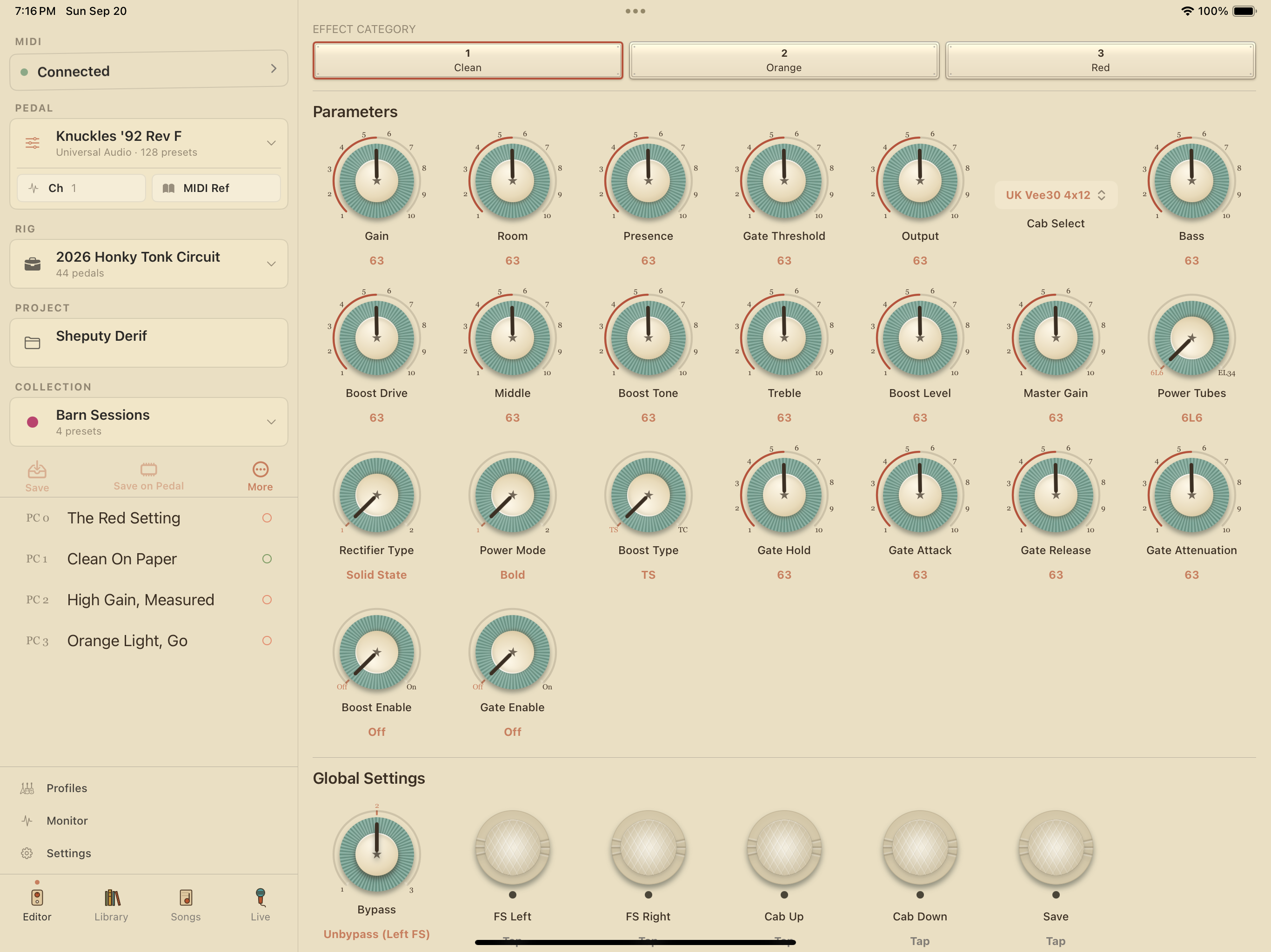 UAFX Knuckles '92 Rev F on iPad in PedalEditor