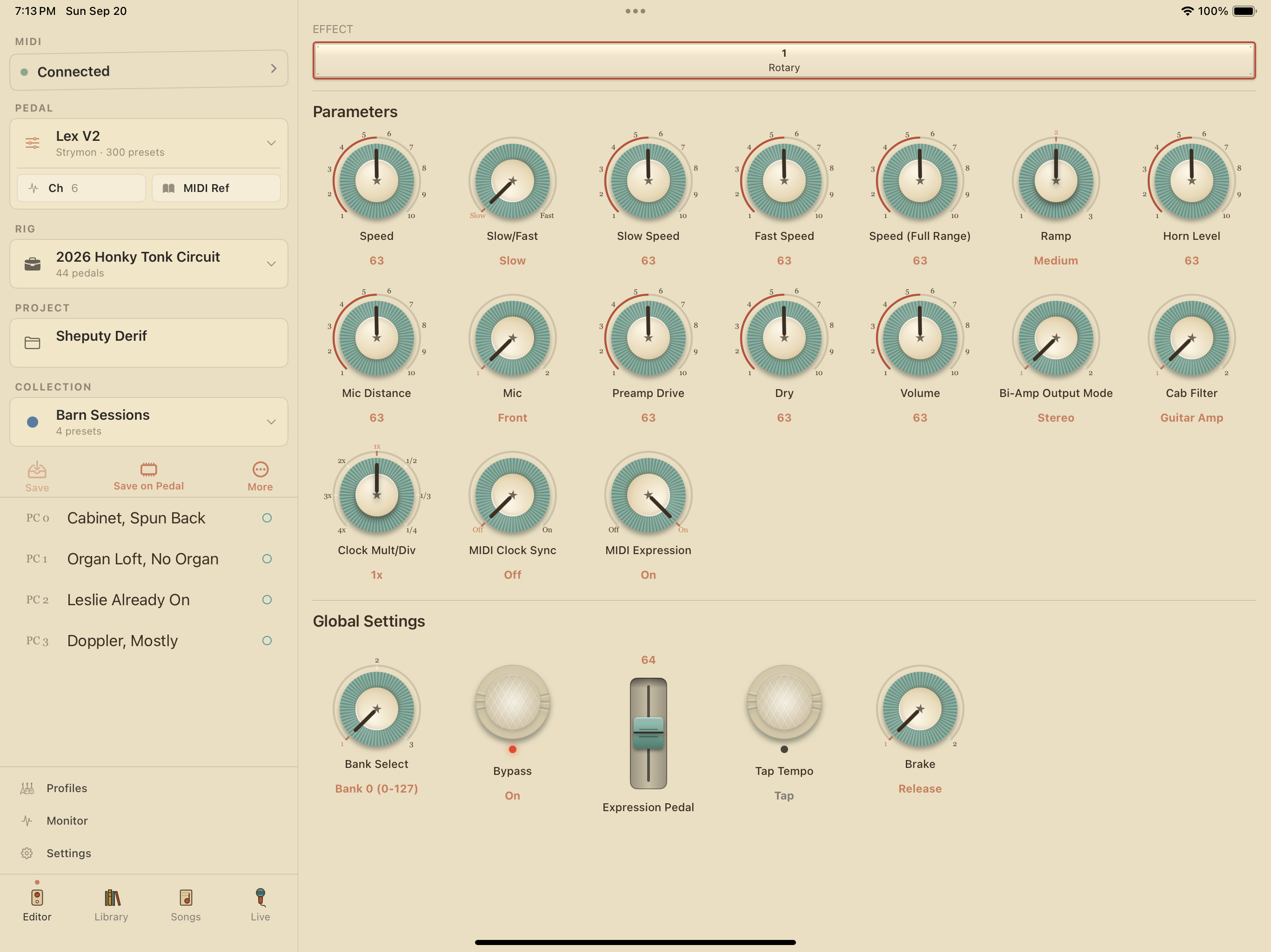 Strymon Lex V2 on iPad in PedalEditor