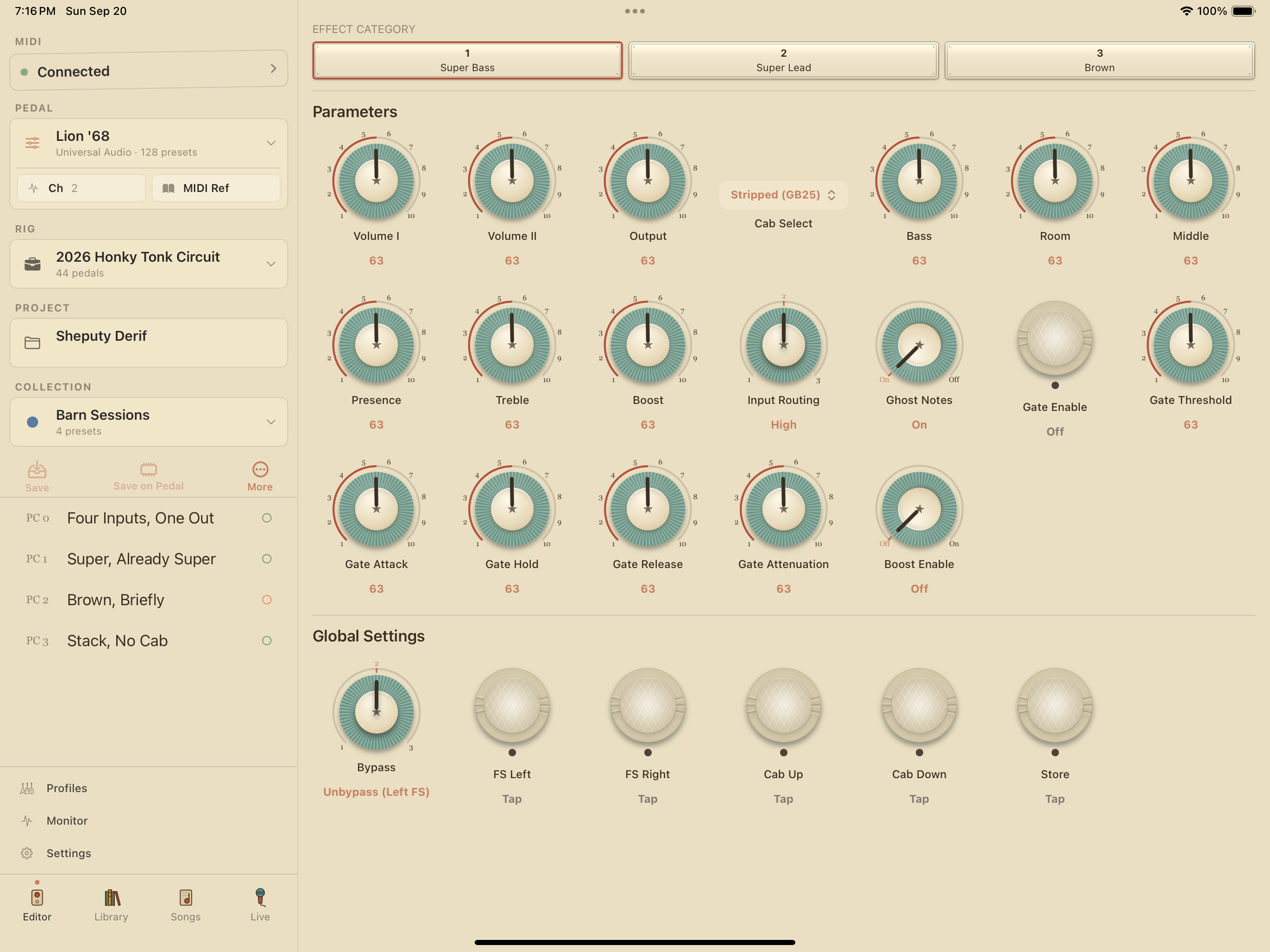 UAFX Lion '68 on iPad in PedalEditor
