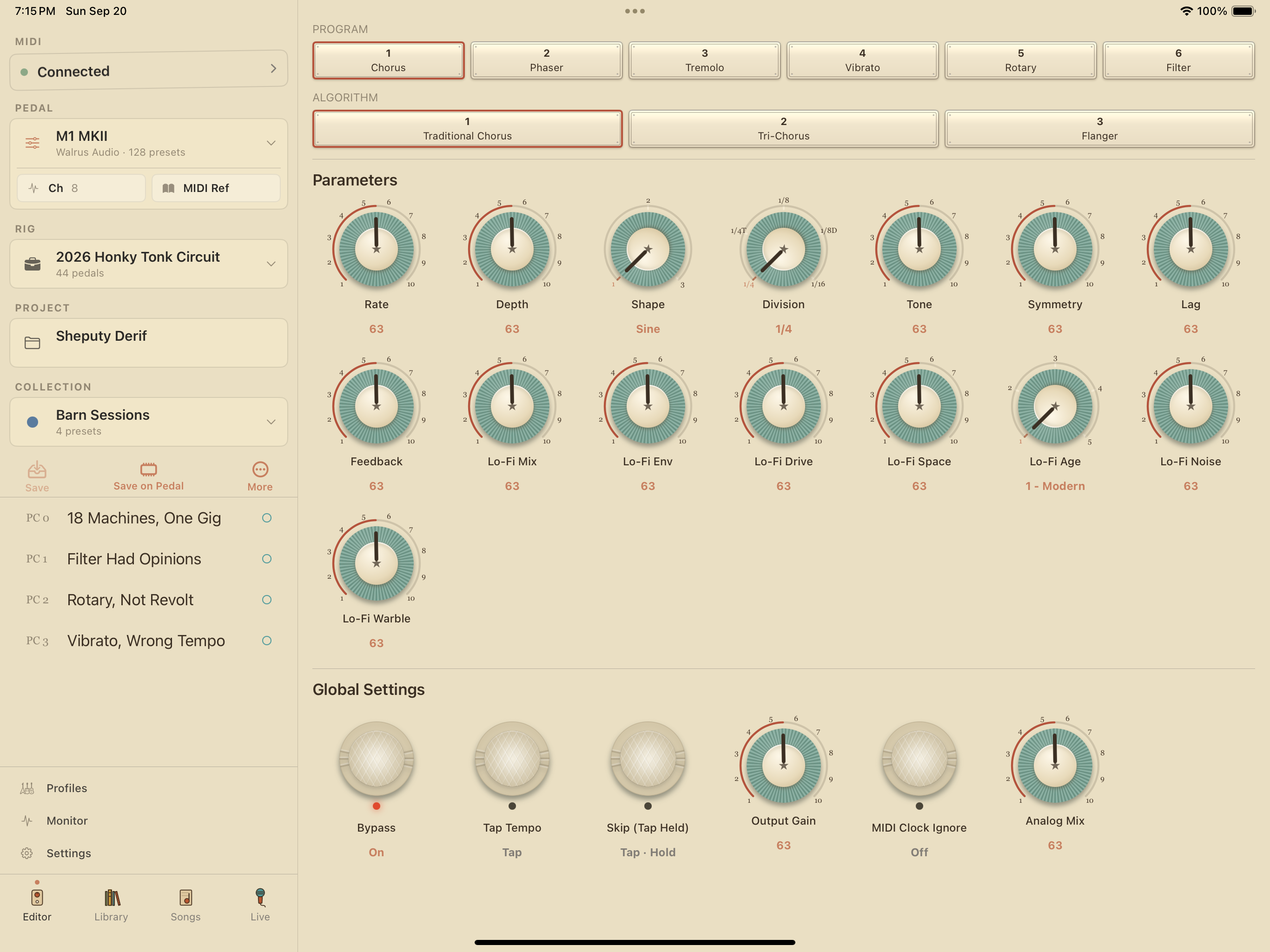 Walrus Audio M1 MkII on iPad in PedalEditor