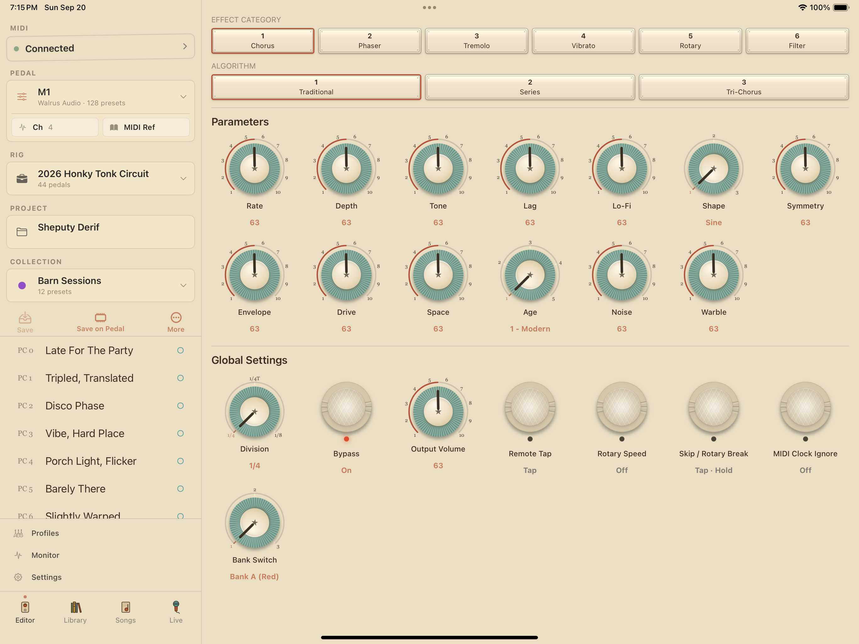 Walrus Audio M1 on iPad in PedalEditor