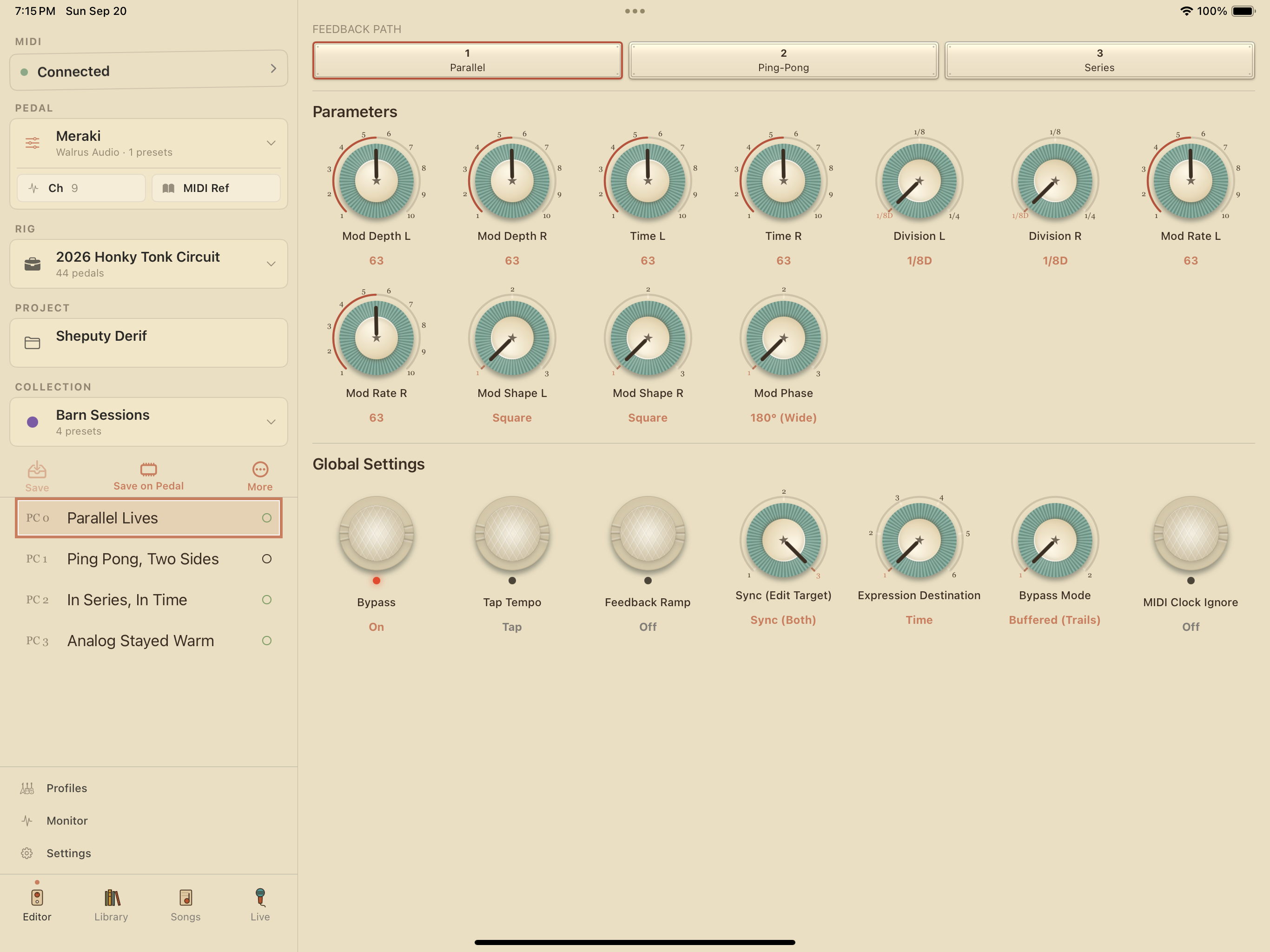 Walrus Audio Meraki on iPad in PedalEditor