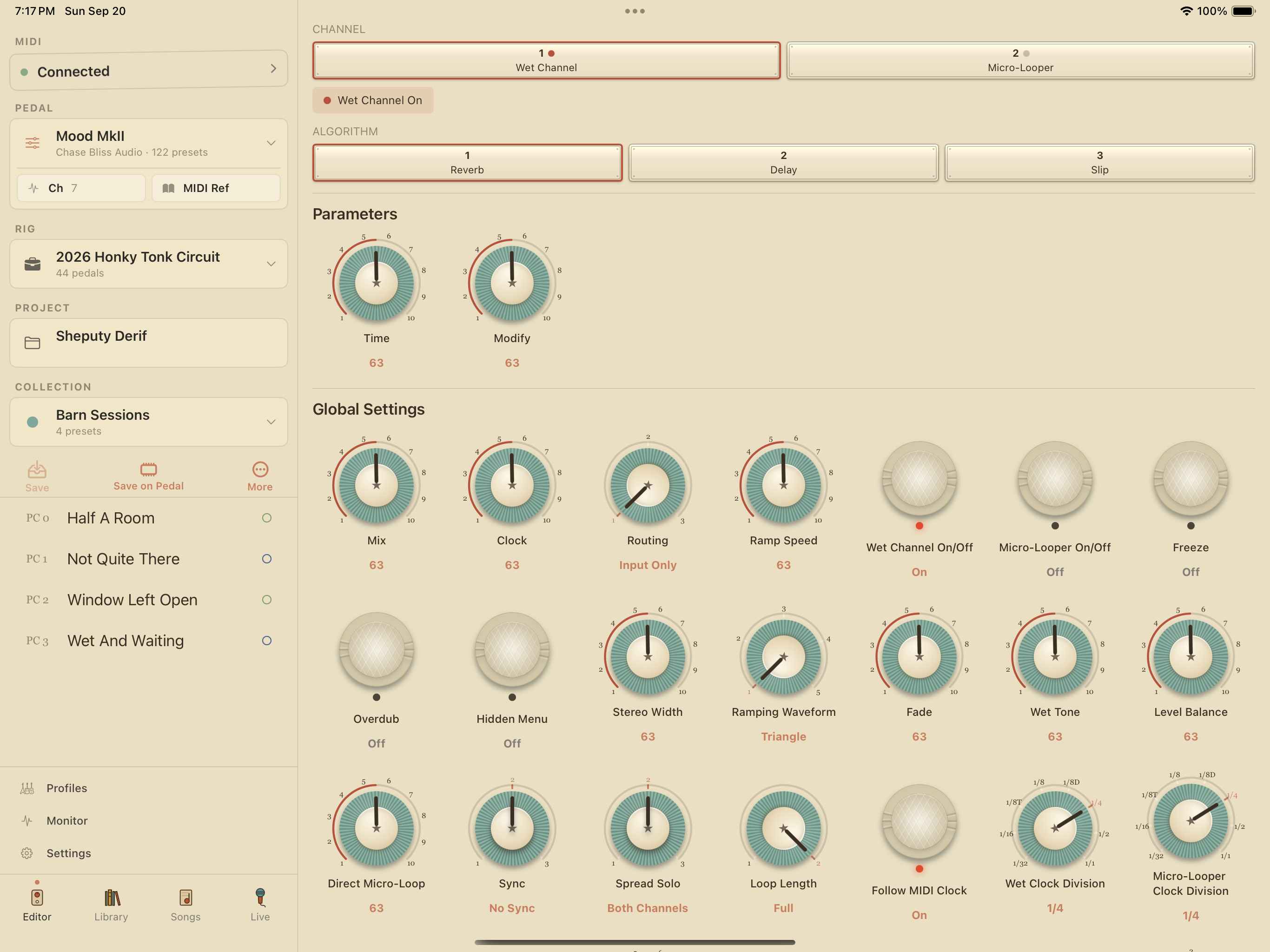 Chase Bliss Mood MkII on iPad in PedalEditor