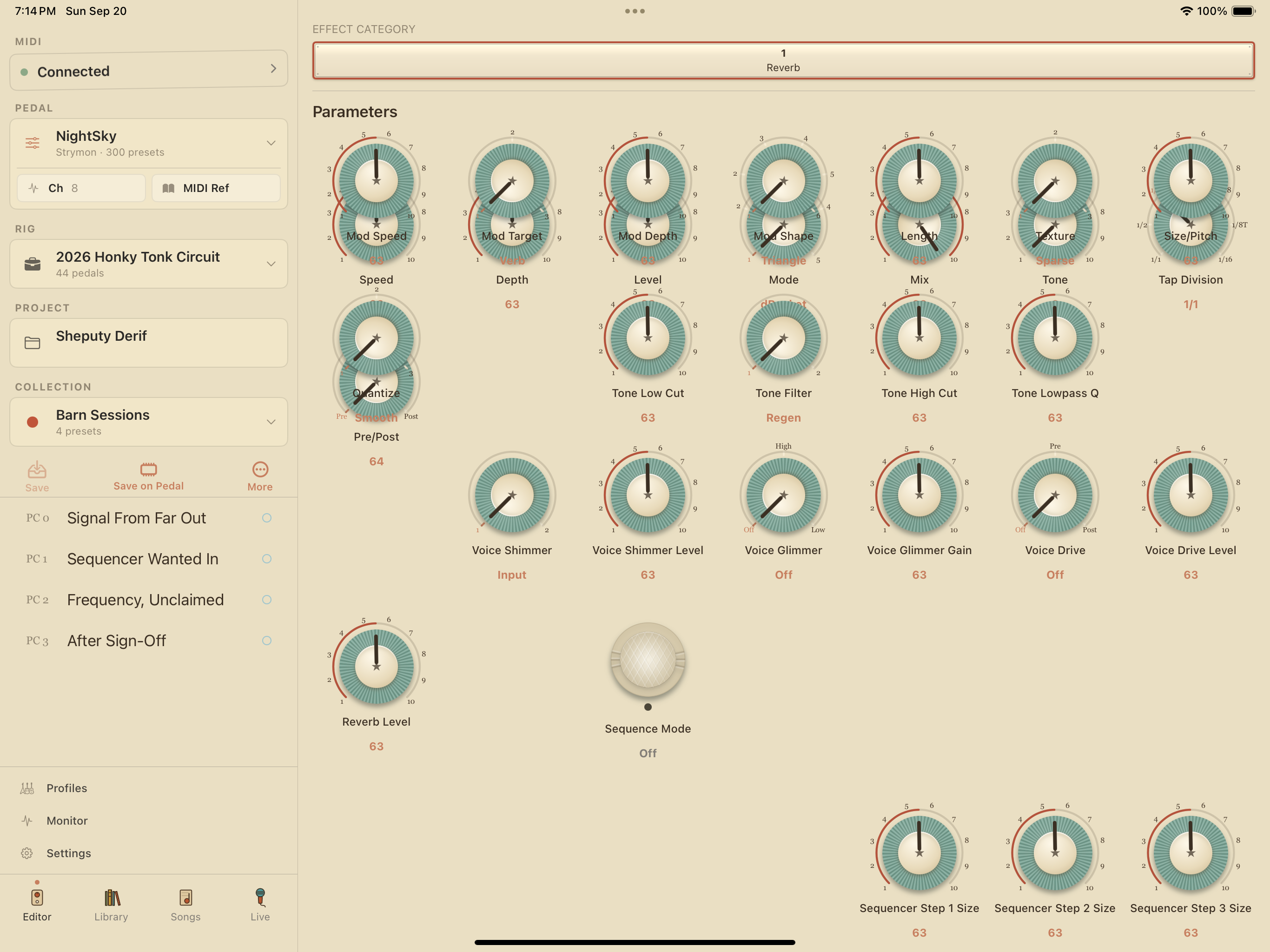 Strymon NightSky on iPad in PedalEditor