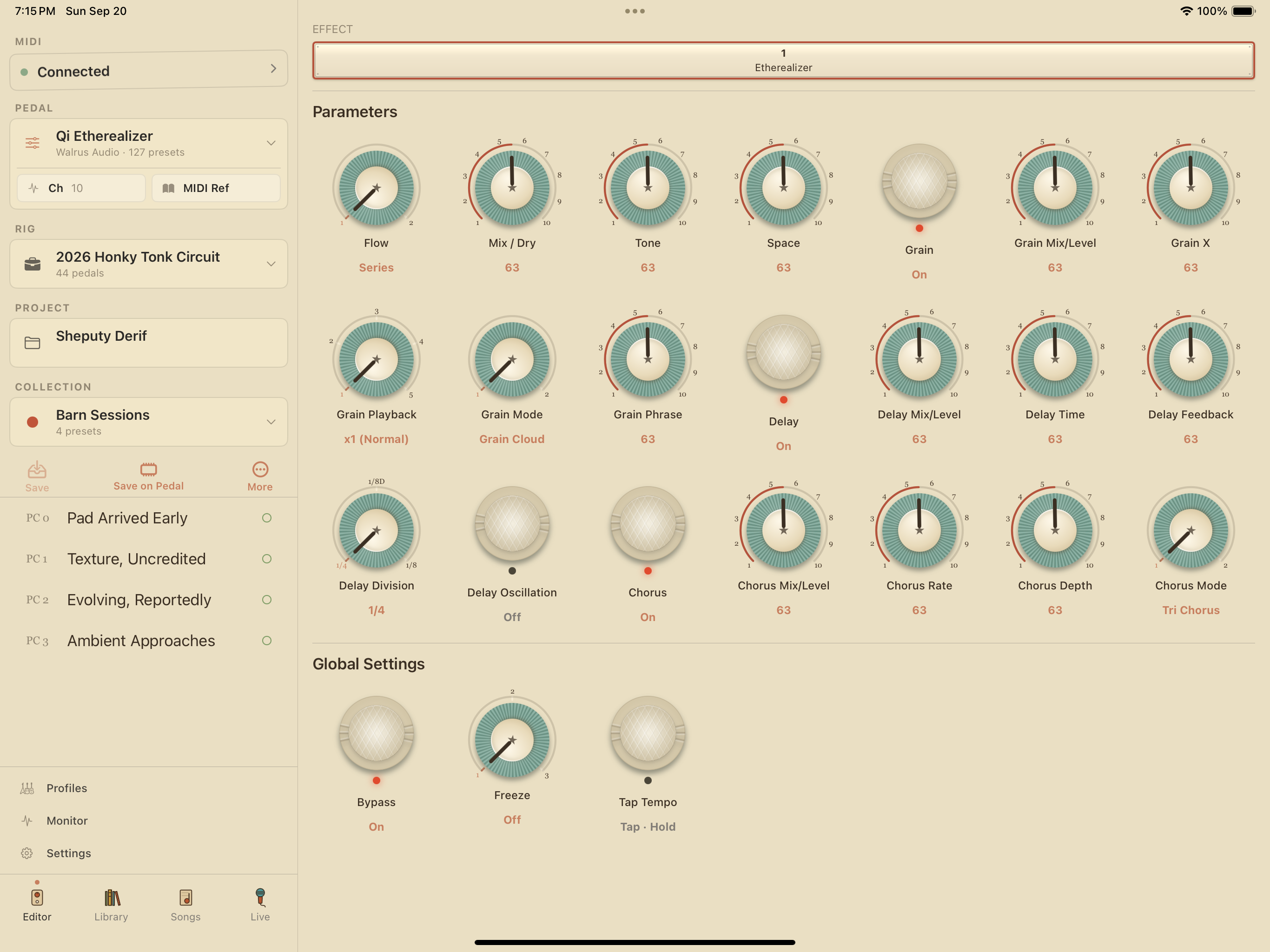 Walrus Audio Qi Etherealizer on iPad in PedalEditor