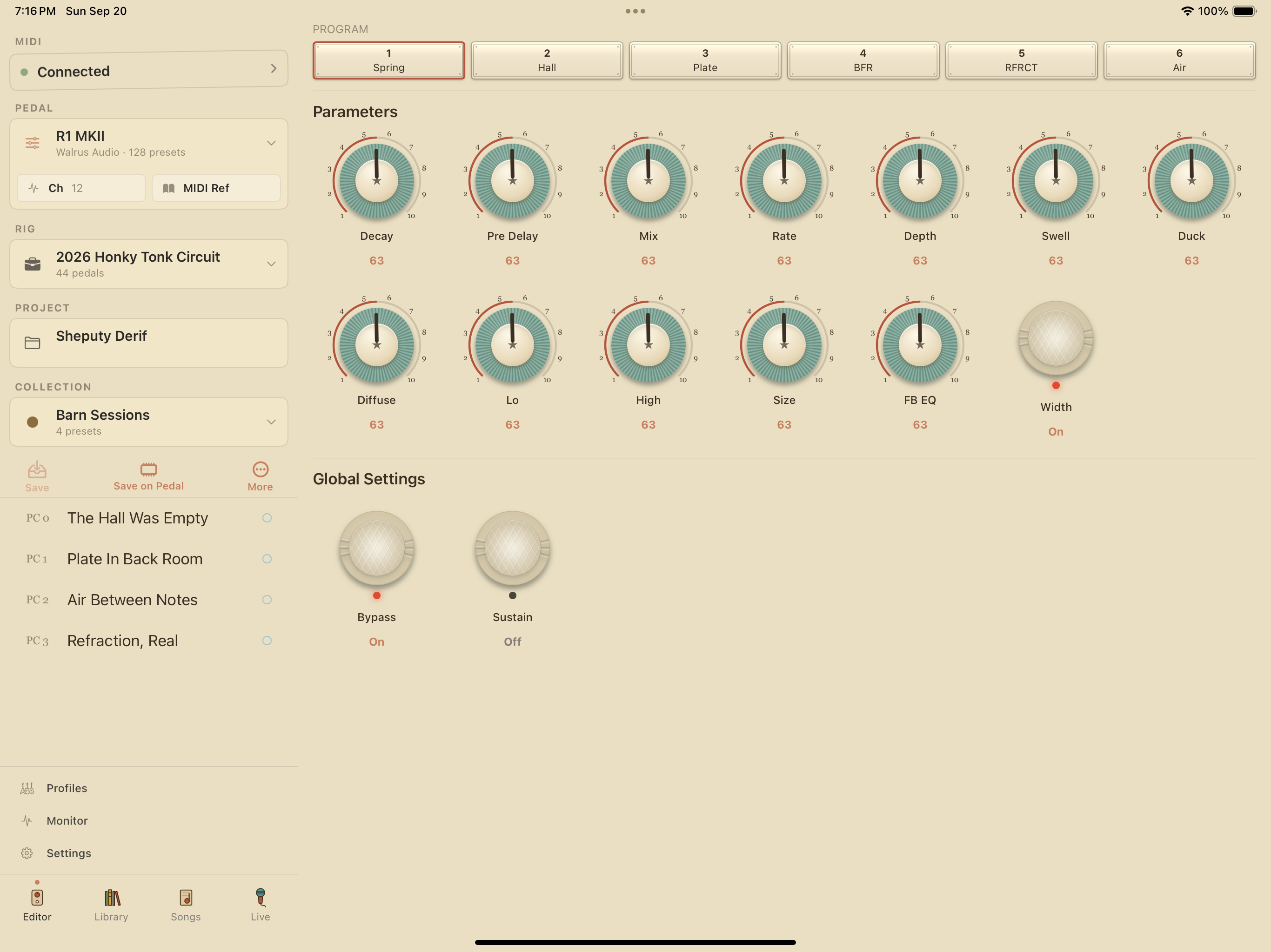 Walrus Audio R1 MkII on iPad in PedalEditor