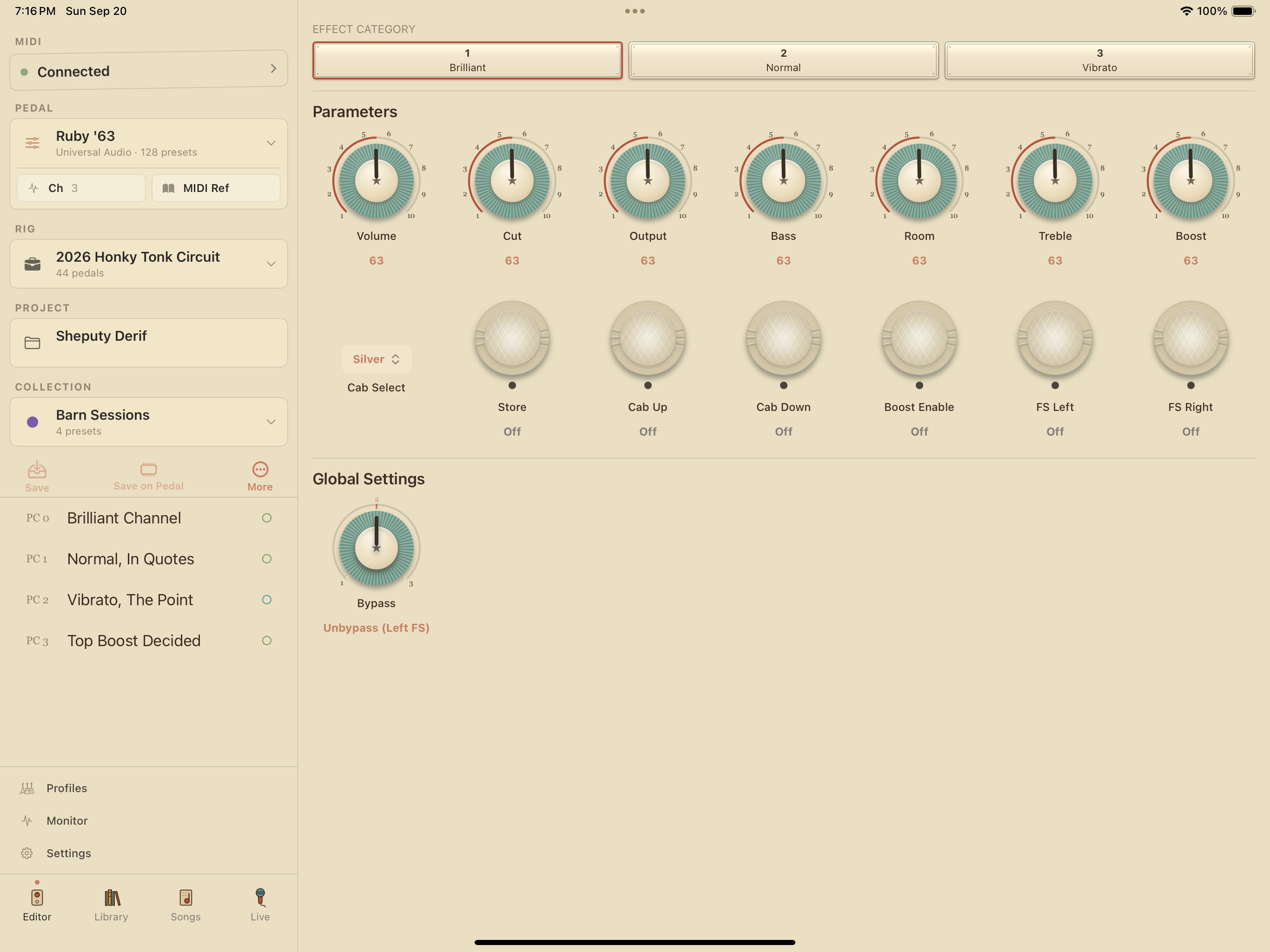 UAFX Ruby '63 on iPad in PedalEditor