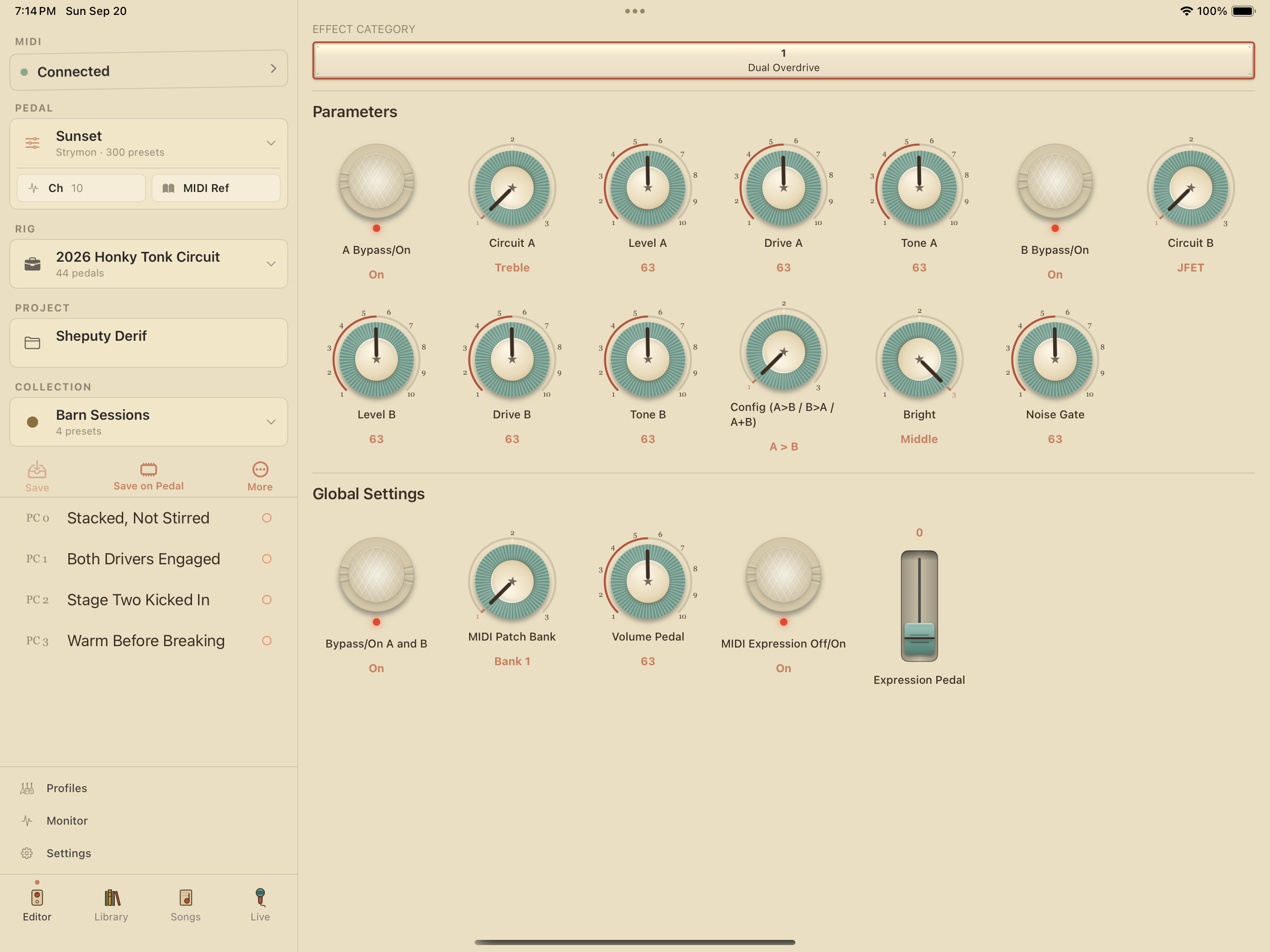 Strymon Sunset on iPad in PedalEditor
