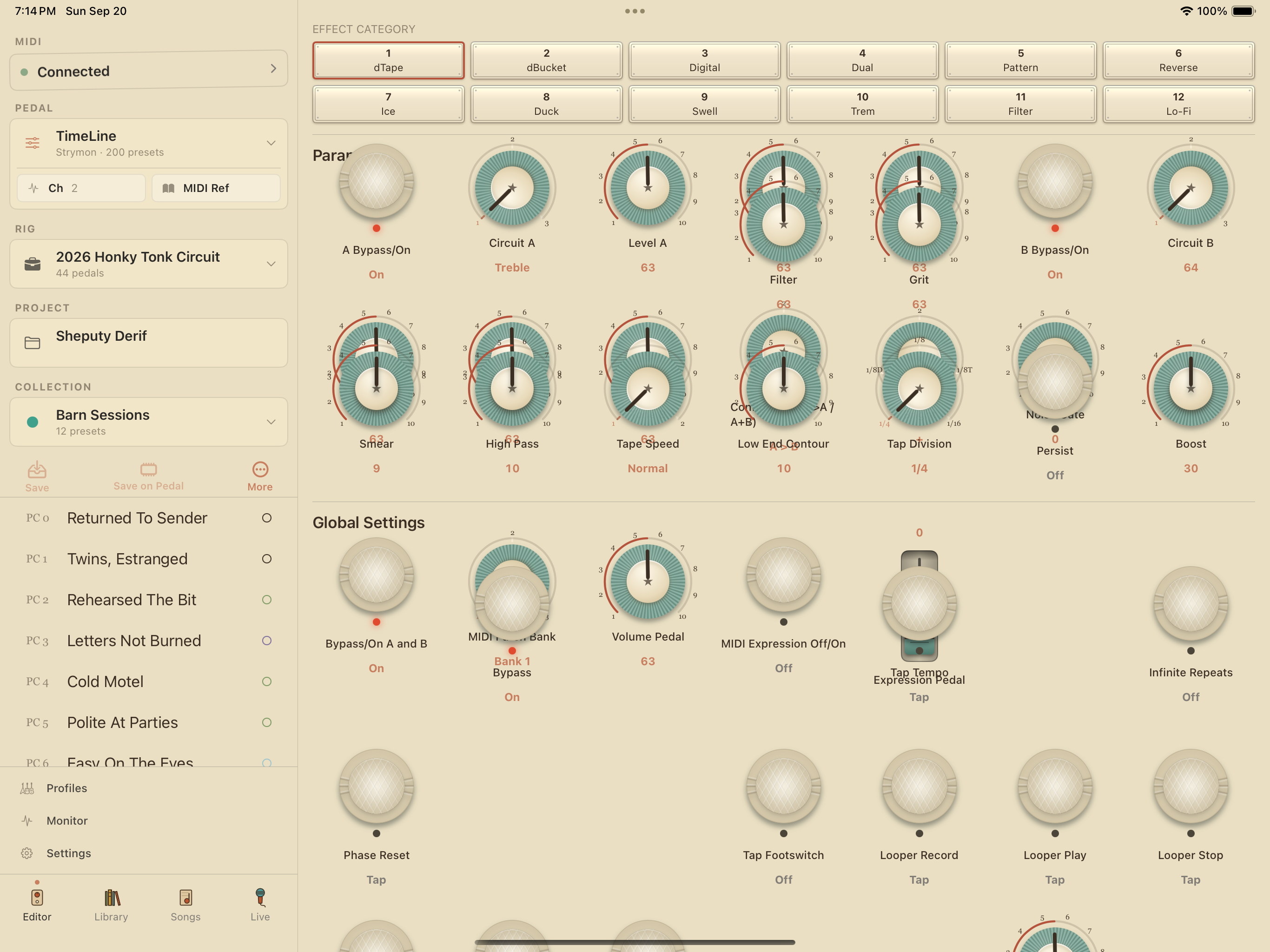 Strymon TimeLine on iPad in PedalEditor