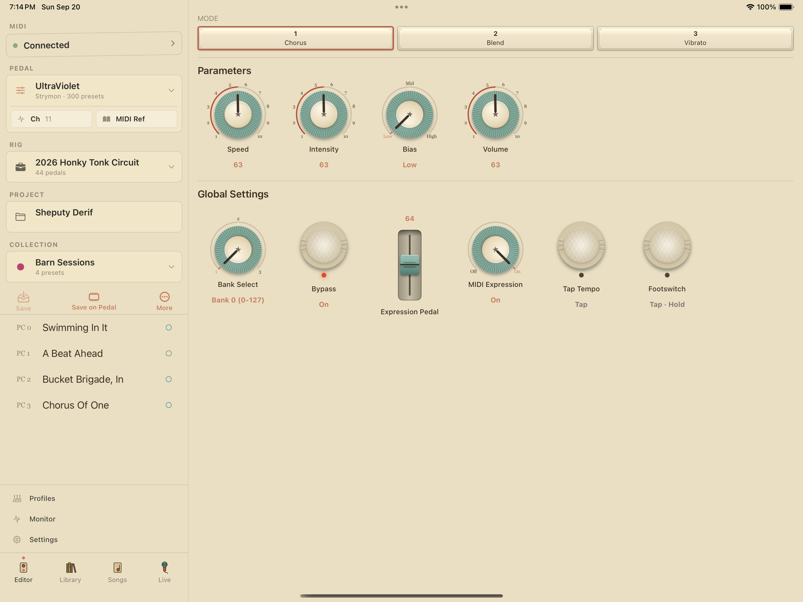 Strymon UltraViolet on iPad in PedalEditor