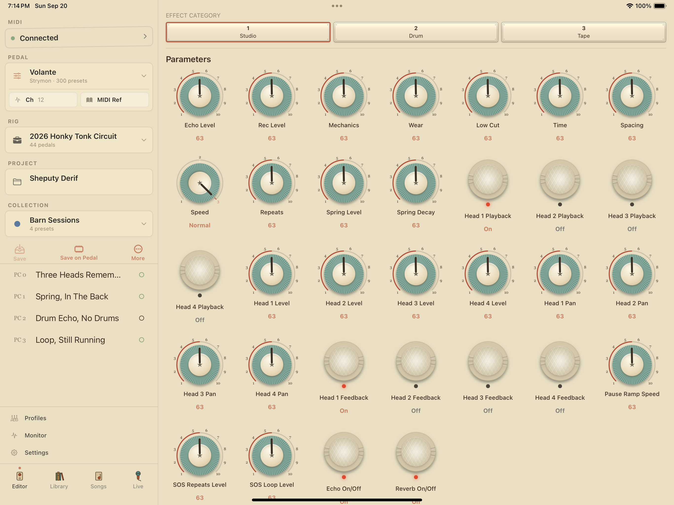 Strymon Volante on iPad in PedalEditor