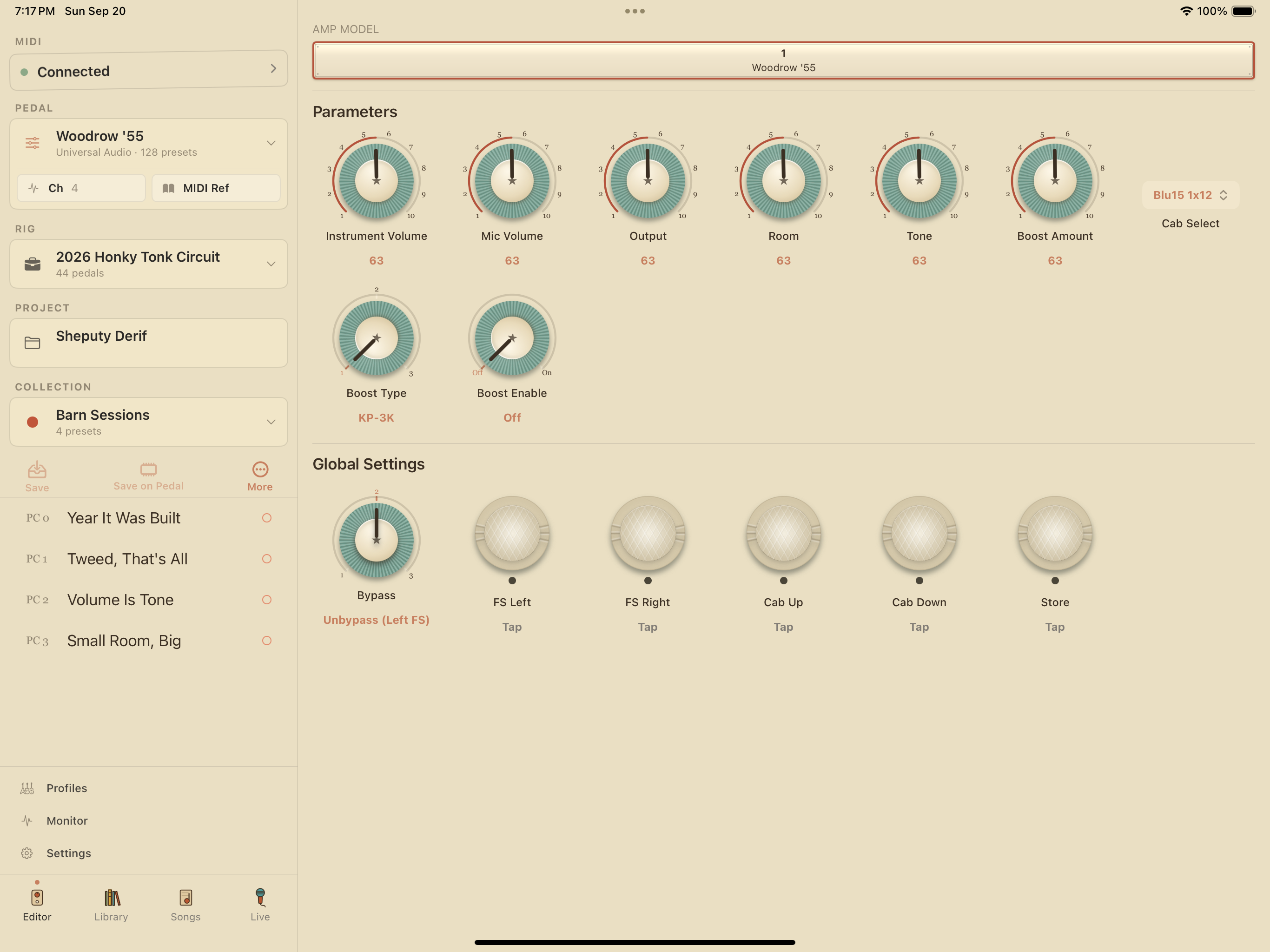 UAFX Woodrow '55 on iPad in PedalEditor