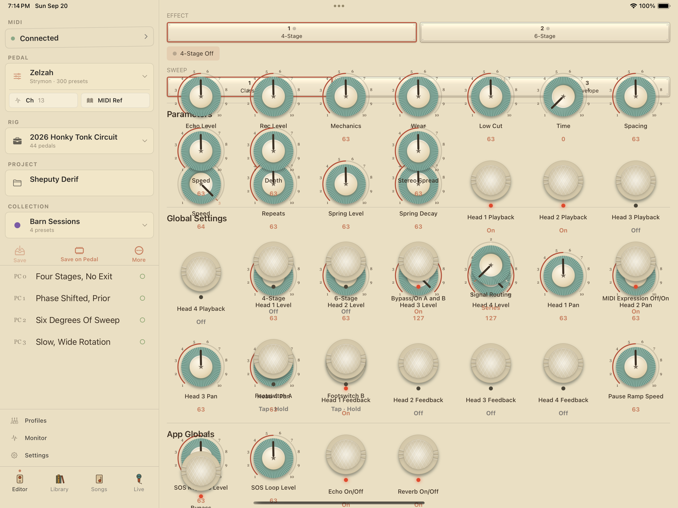 Strymon Zelzah on iPad in PedalEditor